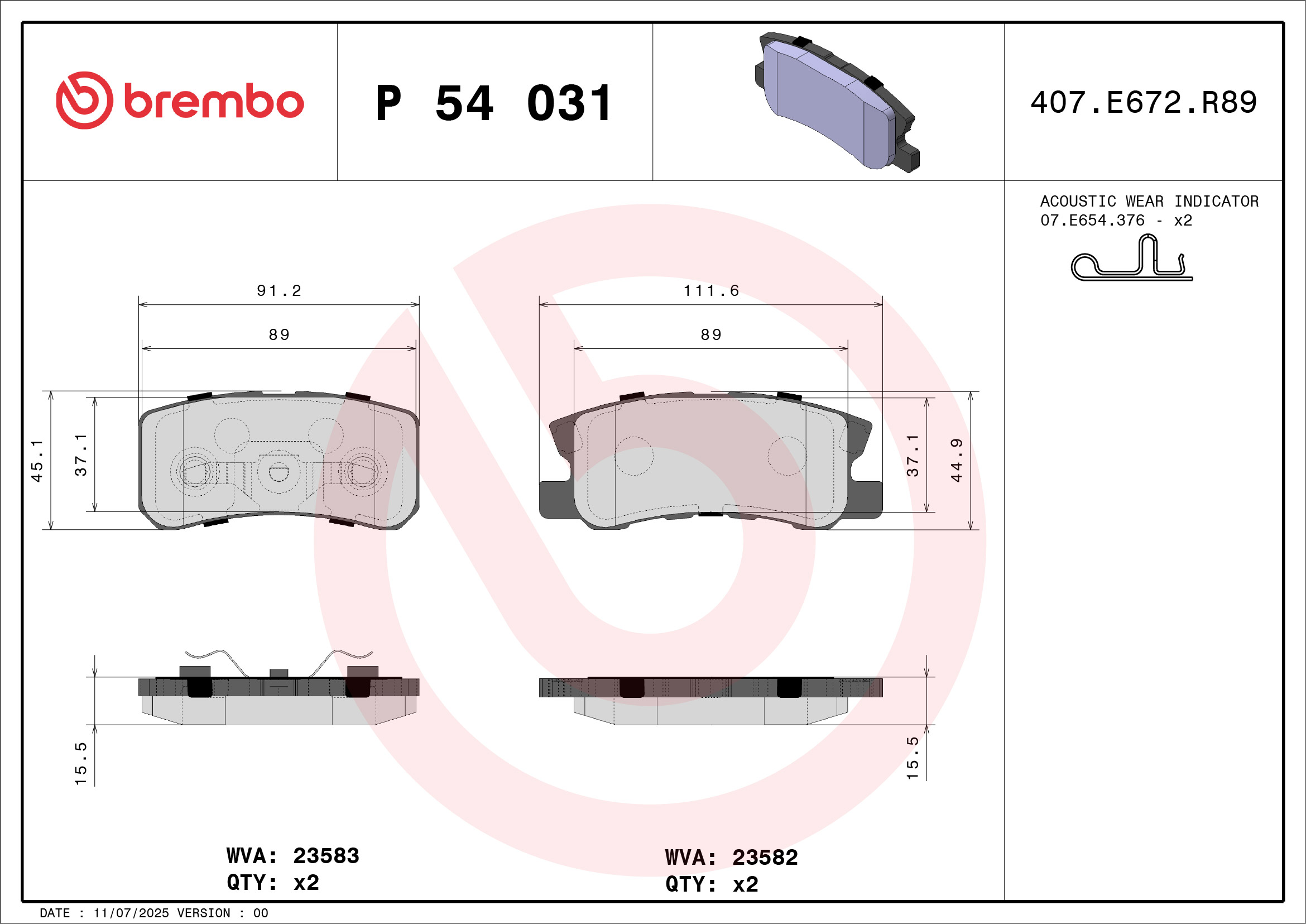 Jogo de 4 pastilhas de travão BREMBO ref. P 54 031