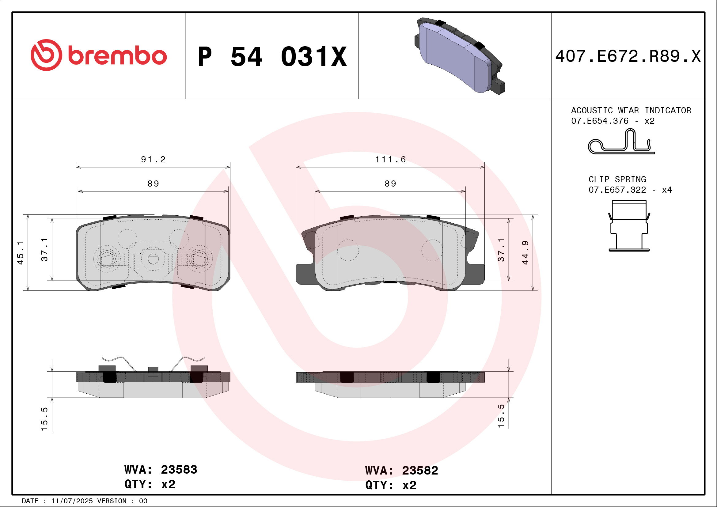Juego de 4 pastillas de freno (Almohadilla de freno) BREMBO ref. P 54 031X
