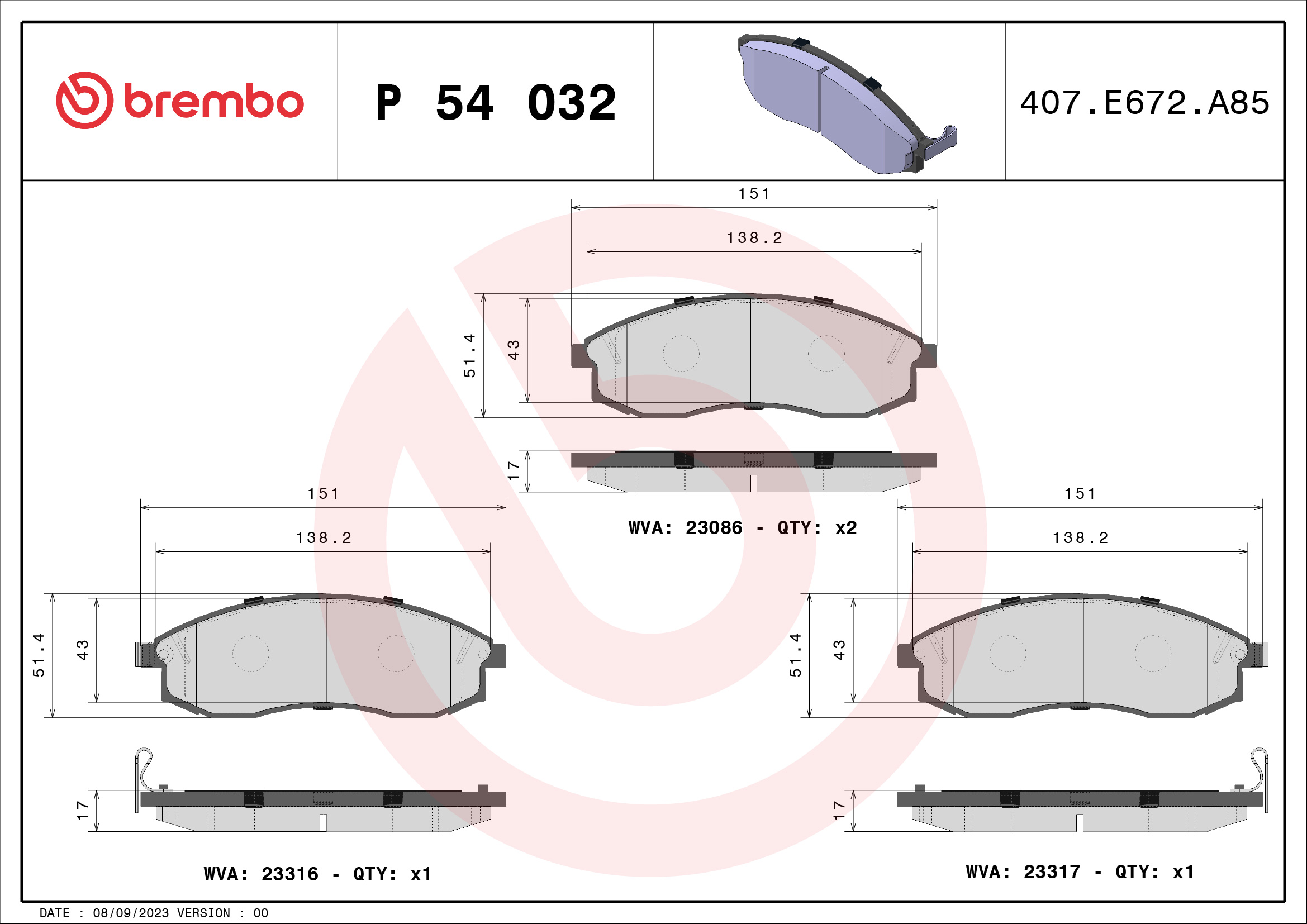 Jeu de 4 plaquettes de frein BREMBO ref. P 54 032