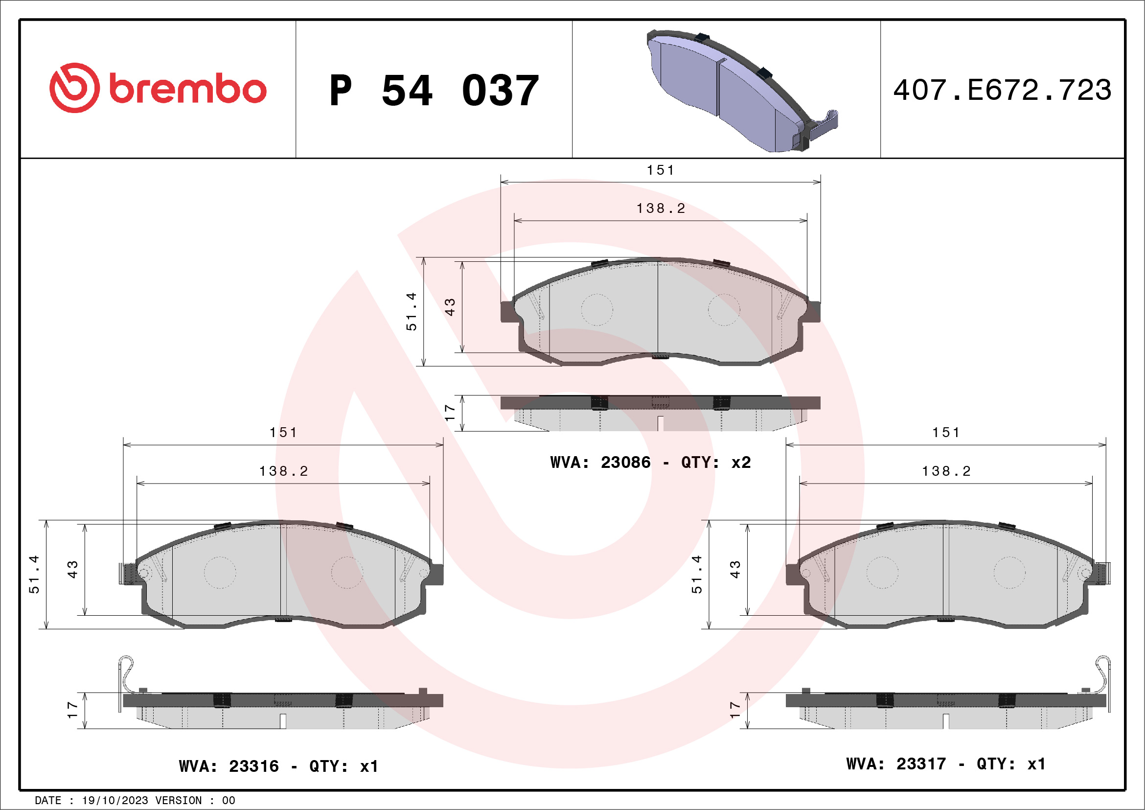 Jogo de 4 pastilhas de travão BREMBO ref. P 54 037