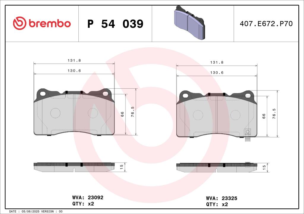 Jogo de 4 pastilhas de travão BREMBO ref. P 54 039