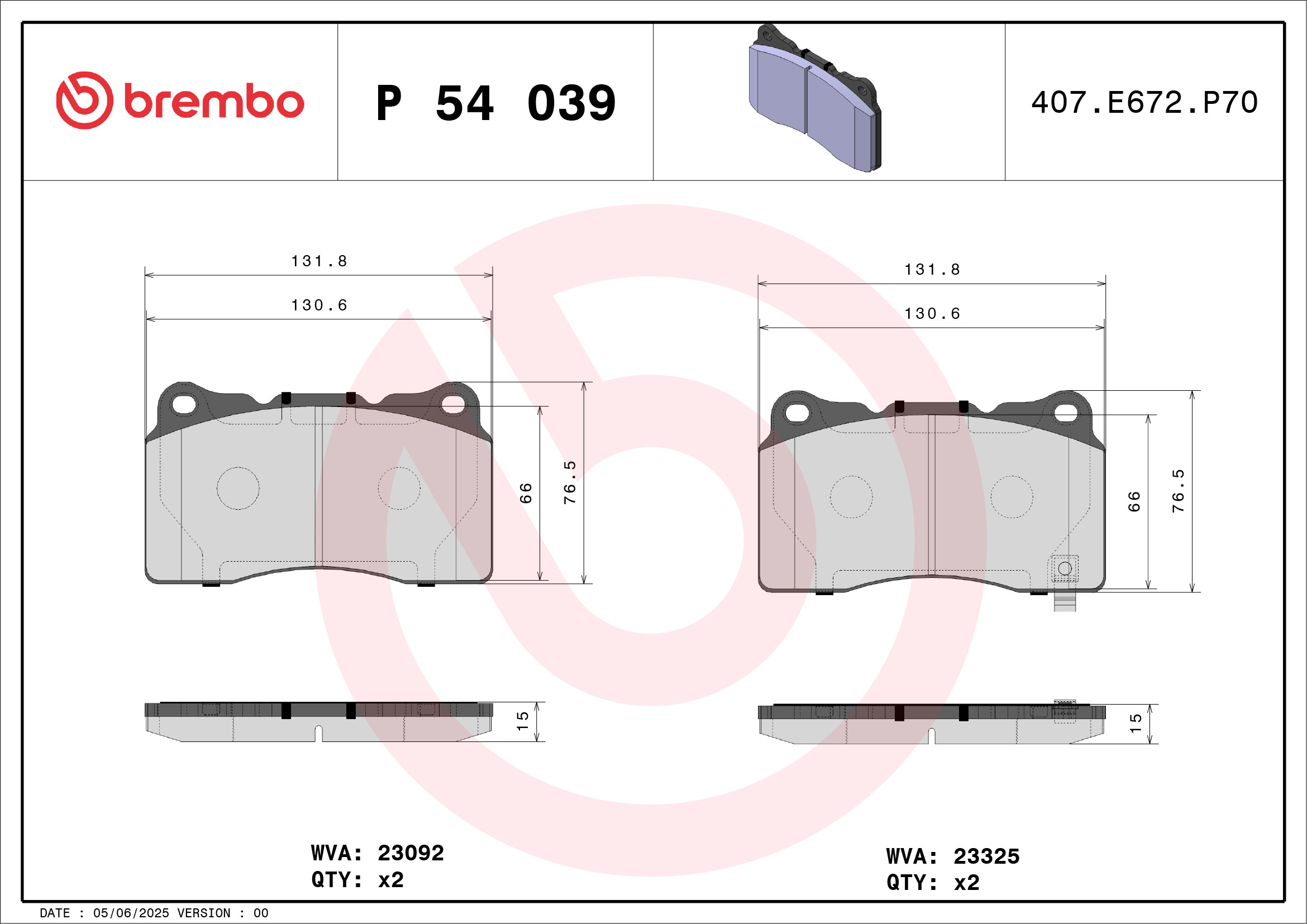 Jogo de 4 pastilhas de travão BREMBO ref. P 54 039