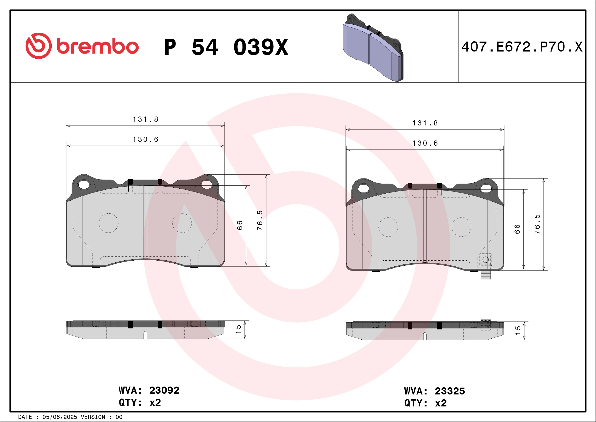 Jogo de 4 pastilhas de travão BREMBO ref. P 54 039X