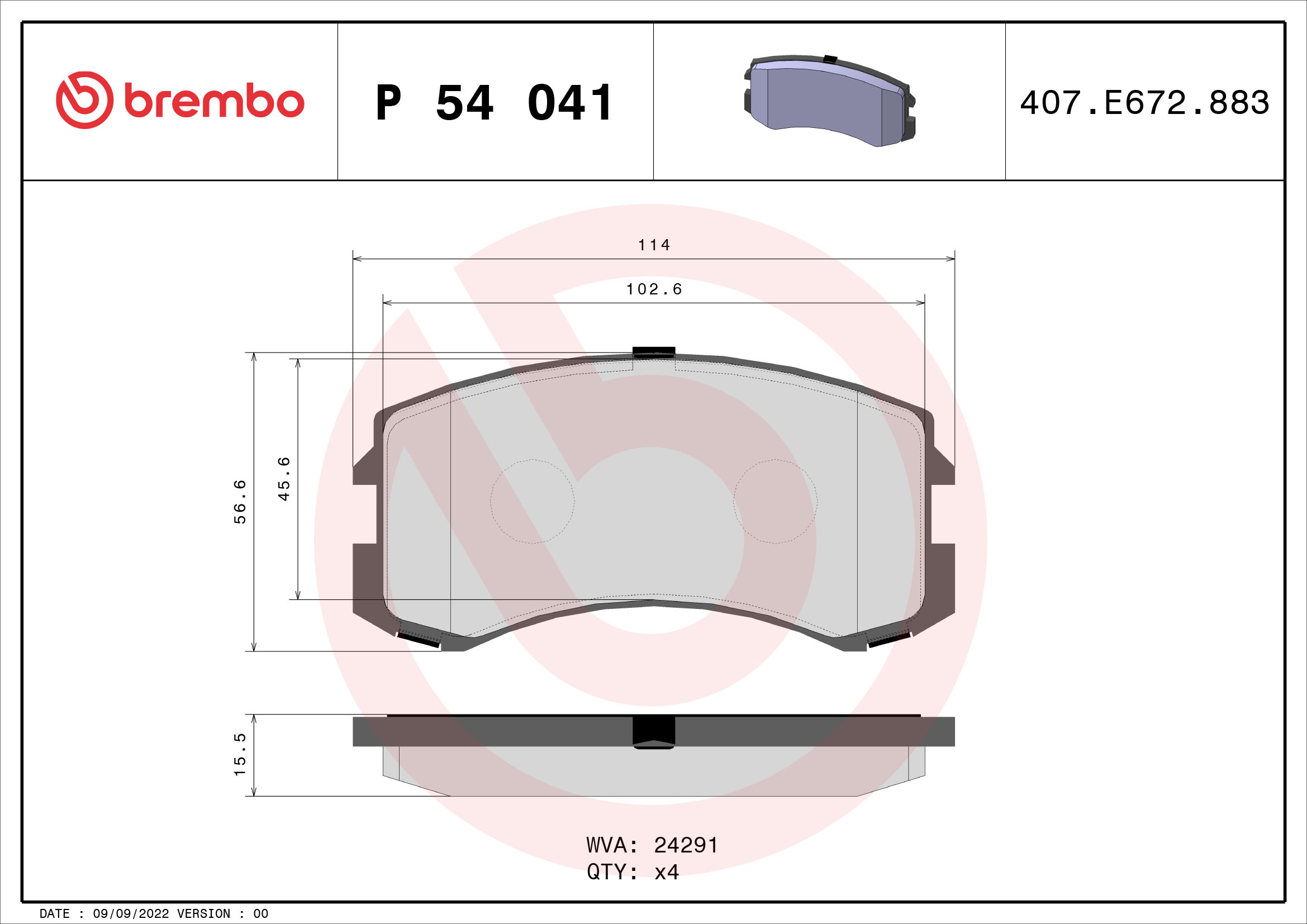 Jeu de 4 plaquettes de frein BREMBO ref. P 54 041