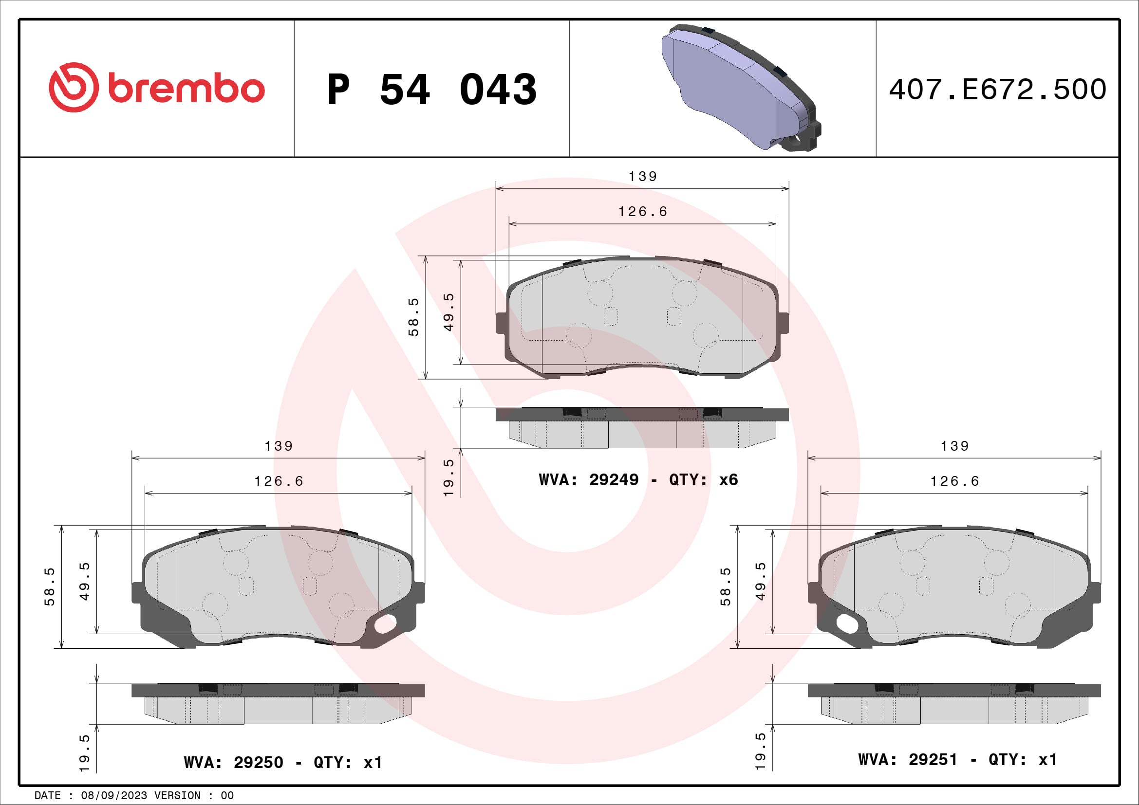 Jeu de 4 plaquettes de frein BREMBO ref. P 54 043