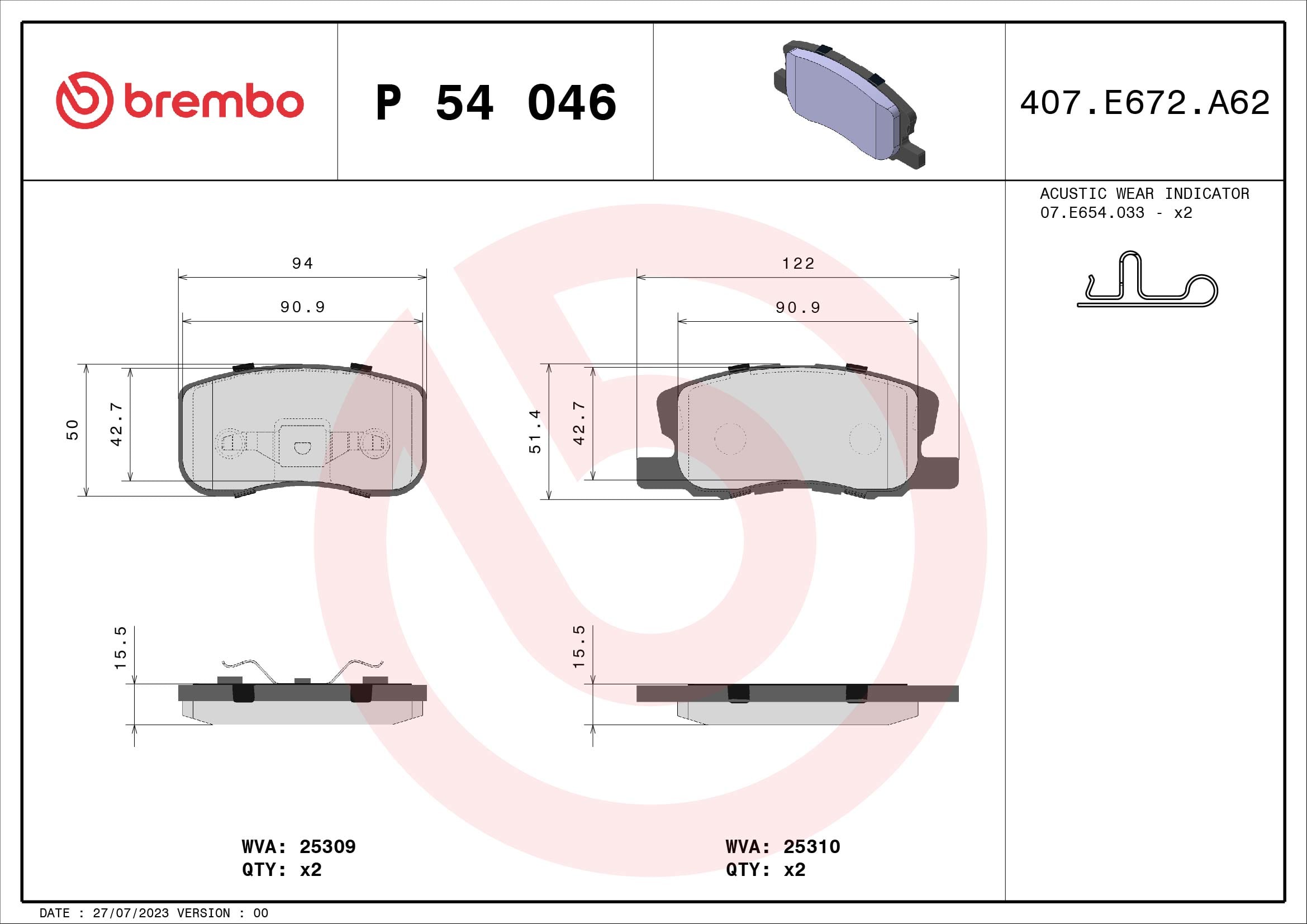 Jogo de 4 pastilhas de travão BREMBO ref. P 54 046