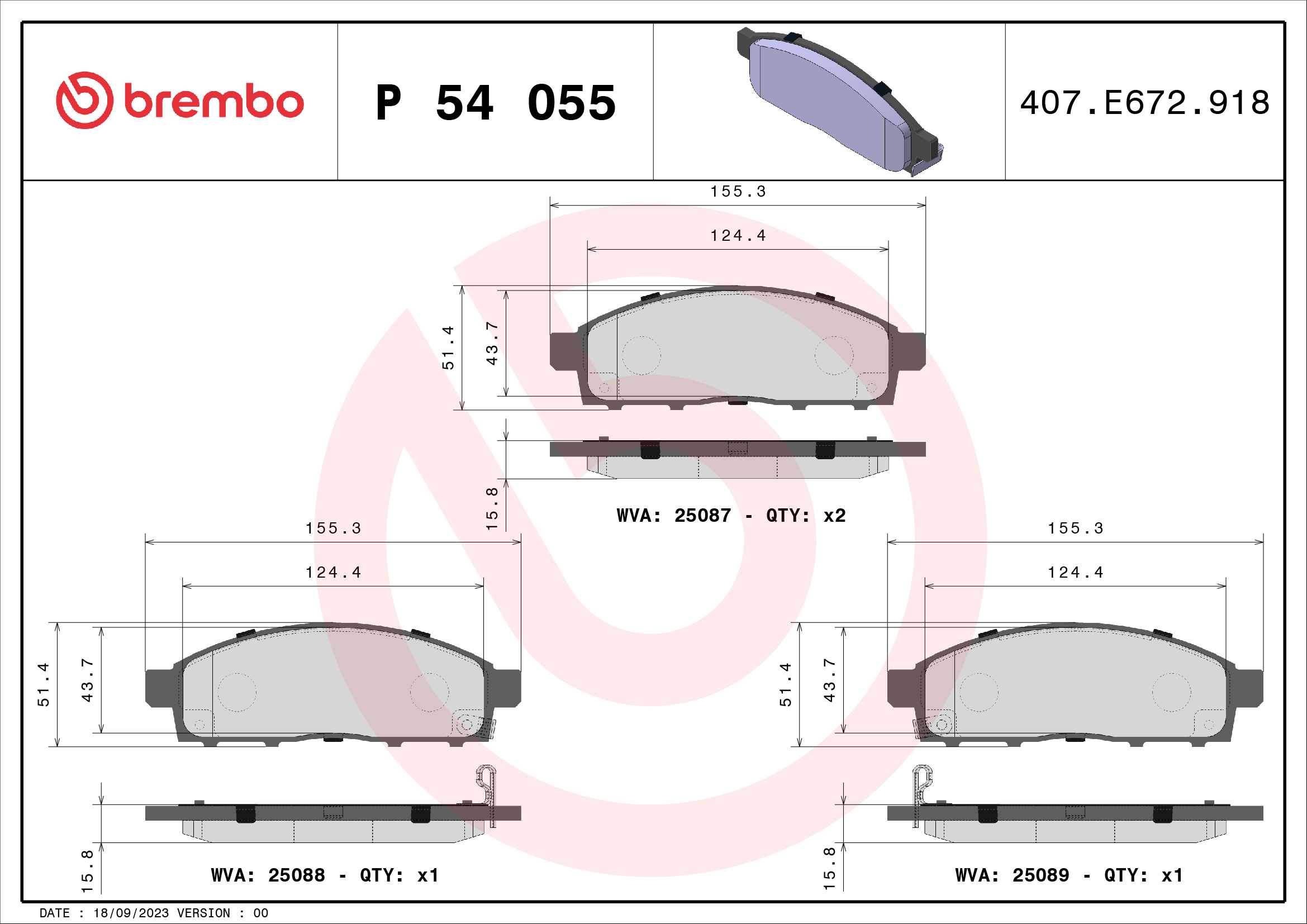 Jeu de 4 plaquettes de frein BREMBO ref. P 54 055