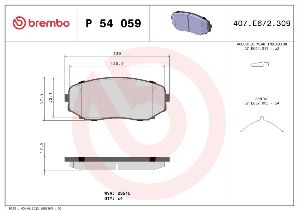 Jeu de 4 plaquettes de frein BREMBO ref. P 54 059