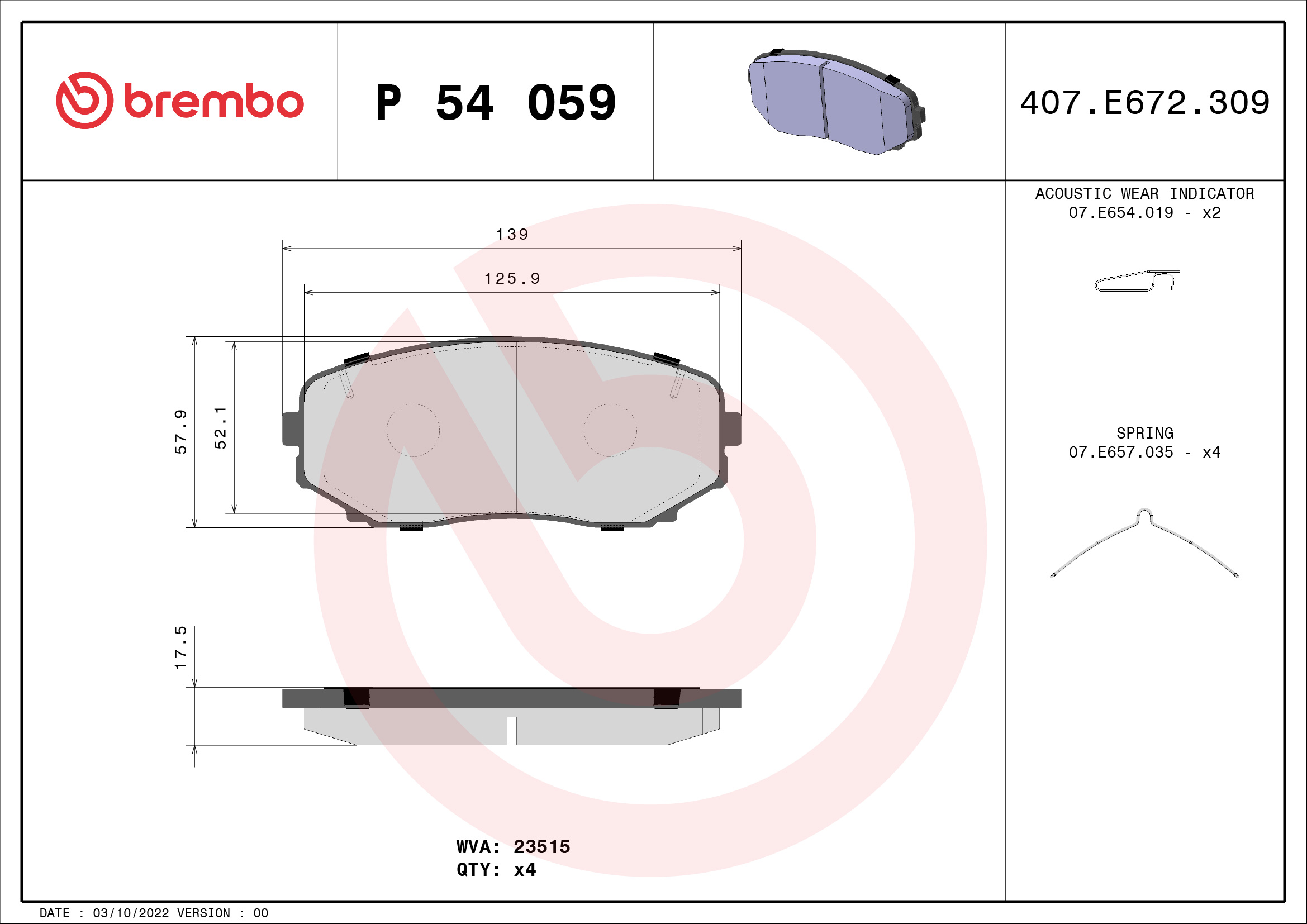 Jeu de 4 plaquettes de frein BREMBO ref. P 54 059