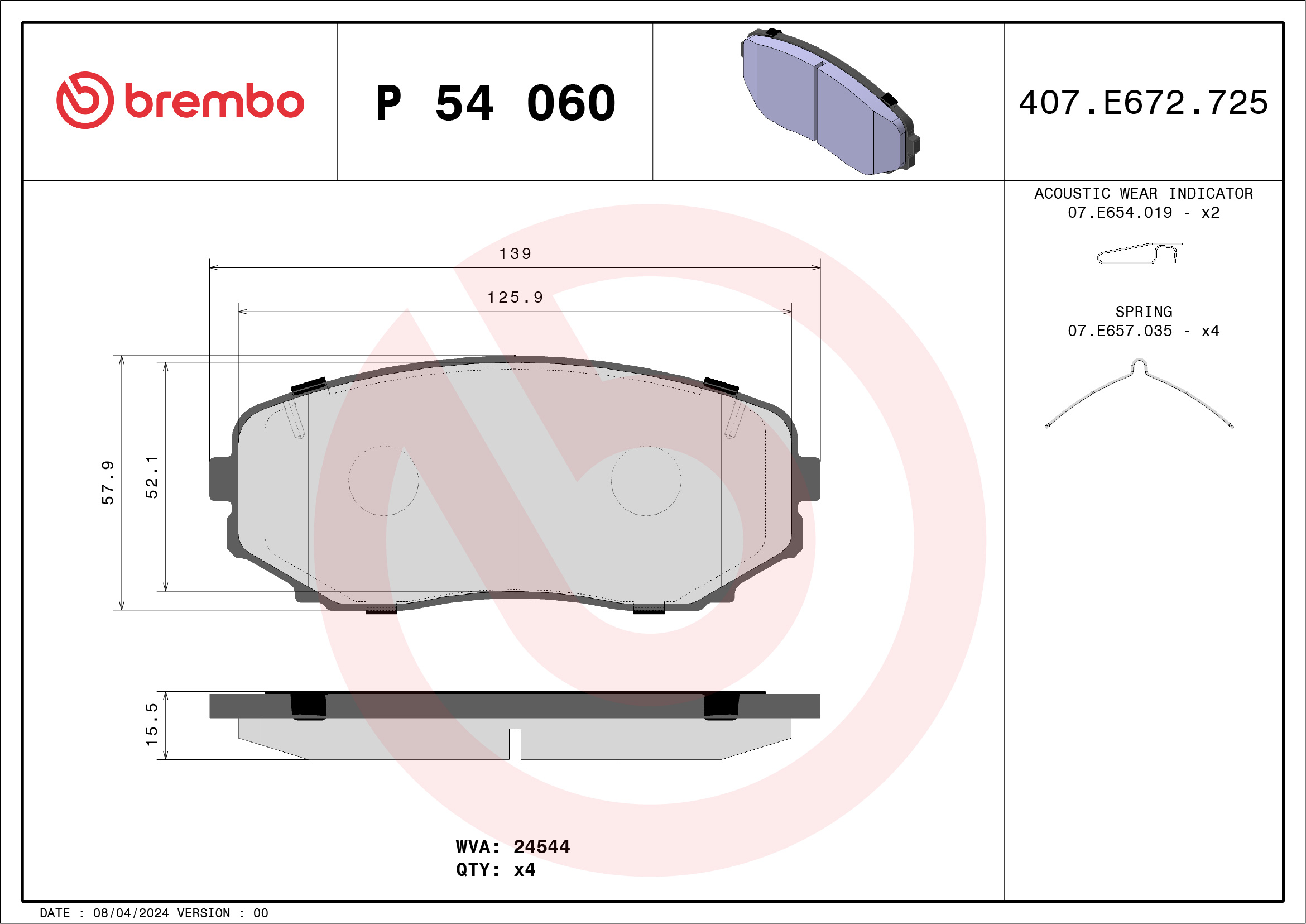 Jogo de 4 pastilhas de travão BREMBO ref. P 54 060