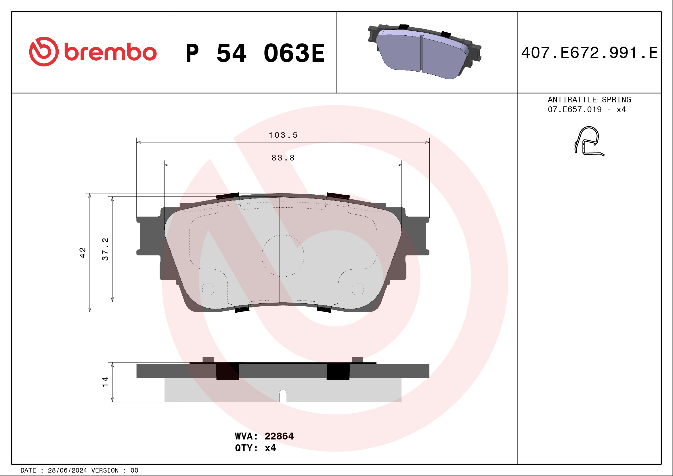 Jogo de 4 pastilhas de travão BREMBO ref. P 54 063E