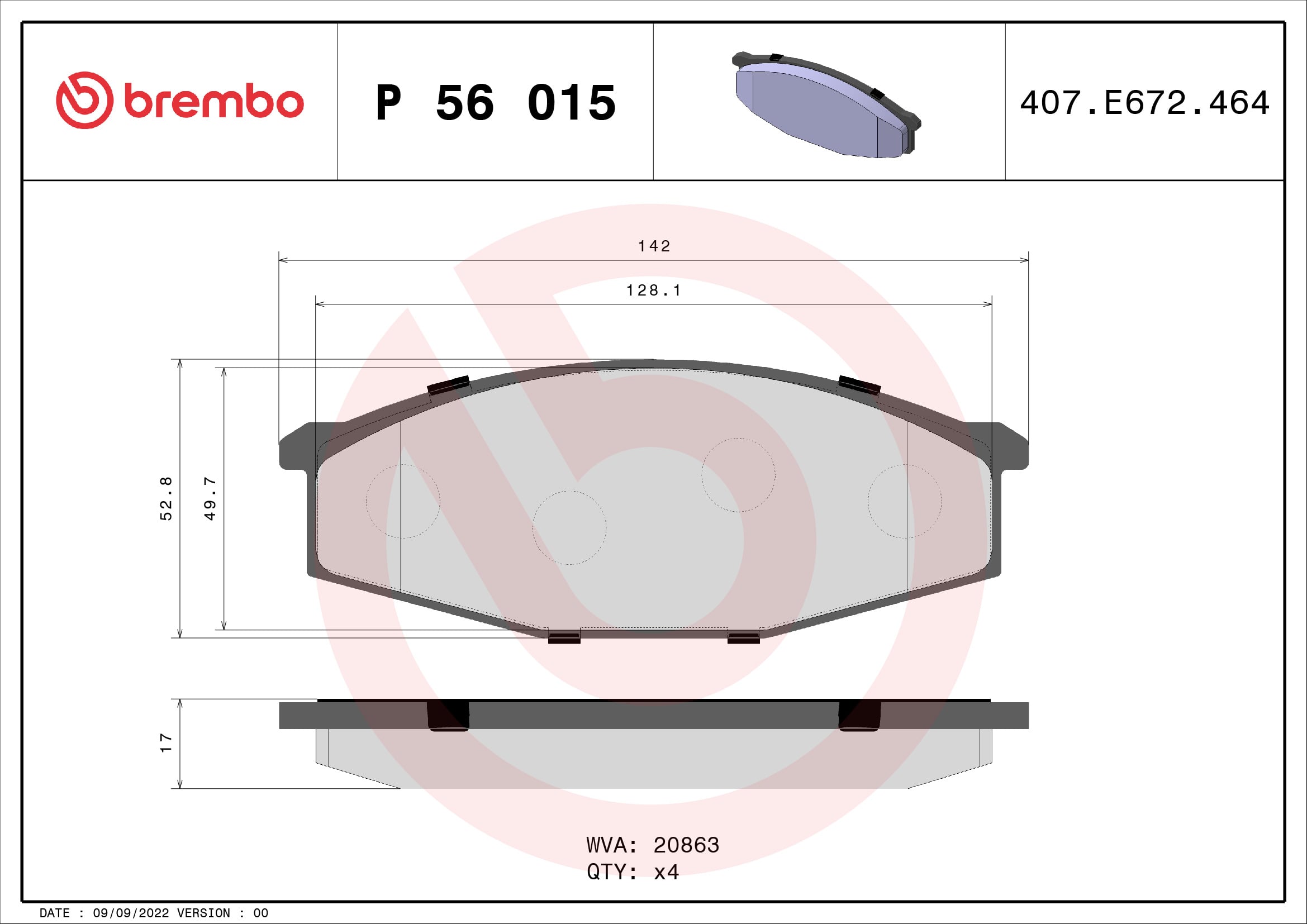 Jogo de 4 pastilhas de travão BREMBO ref. P 56 015