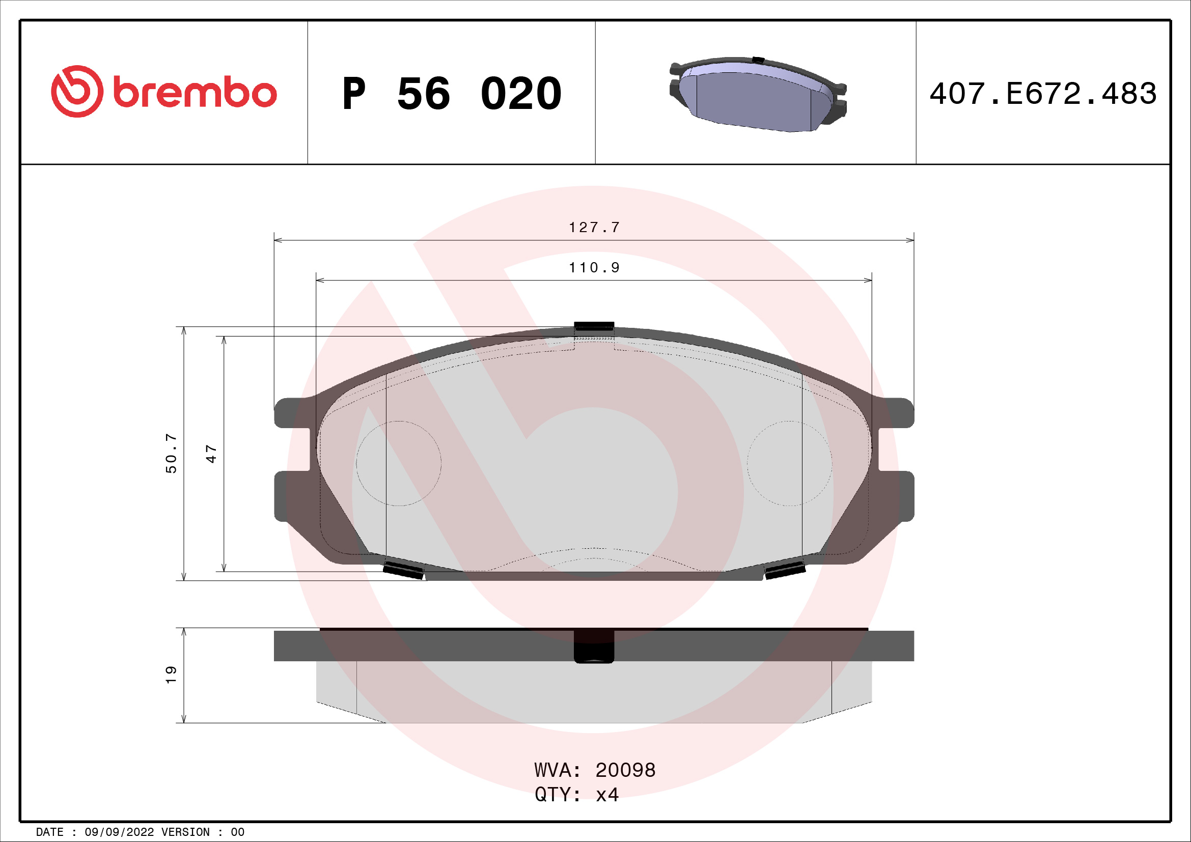 Jogo de 4 pastilhas de travão BREMBO ref. P 56 020