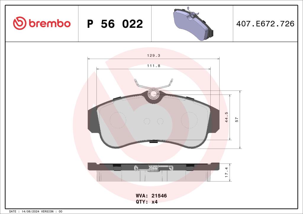 Jogo de 4 pastilhas de travão BREMBO ref. P 56 022