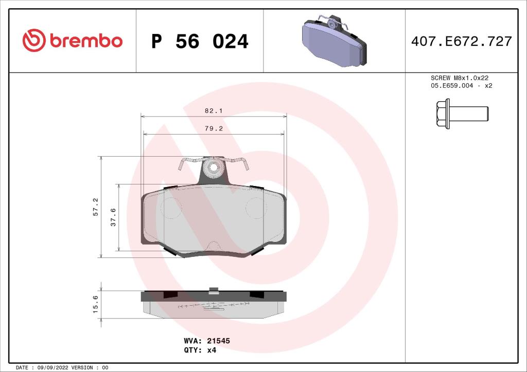 Jeu de 4 plaquettes de frein BREMBO ref. P 56 024