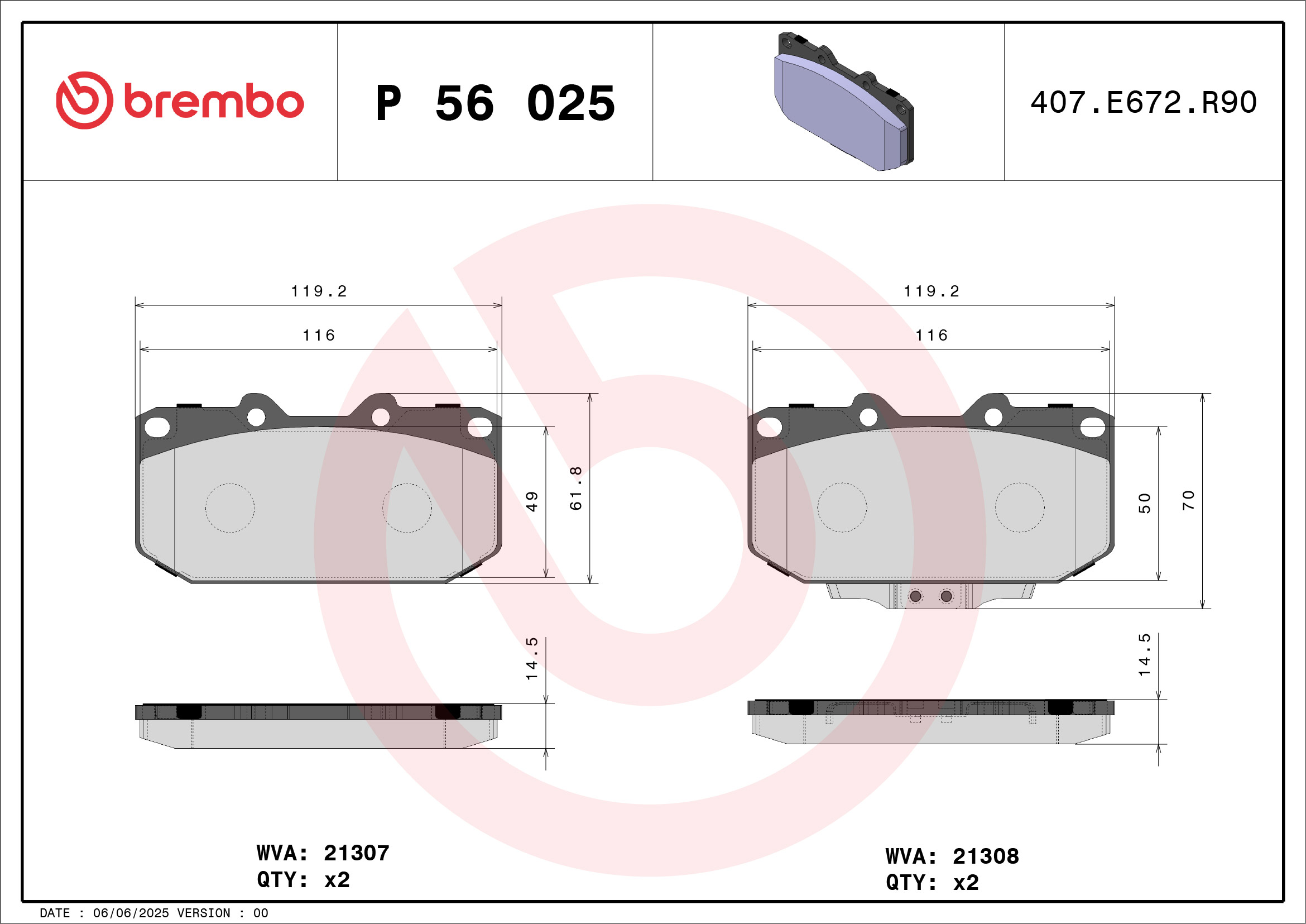 Jogo de 4 pastilhas de travão BREMBO ref. P 56 025