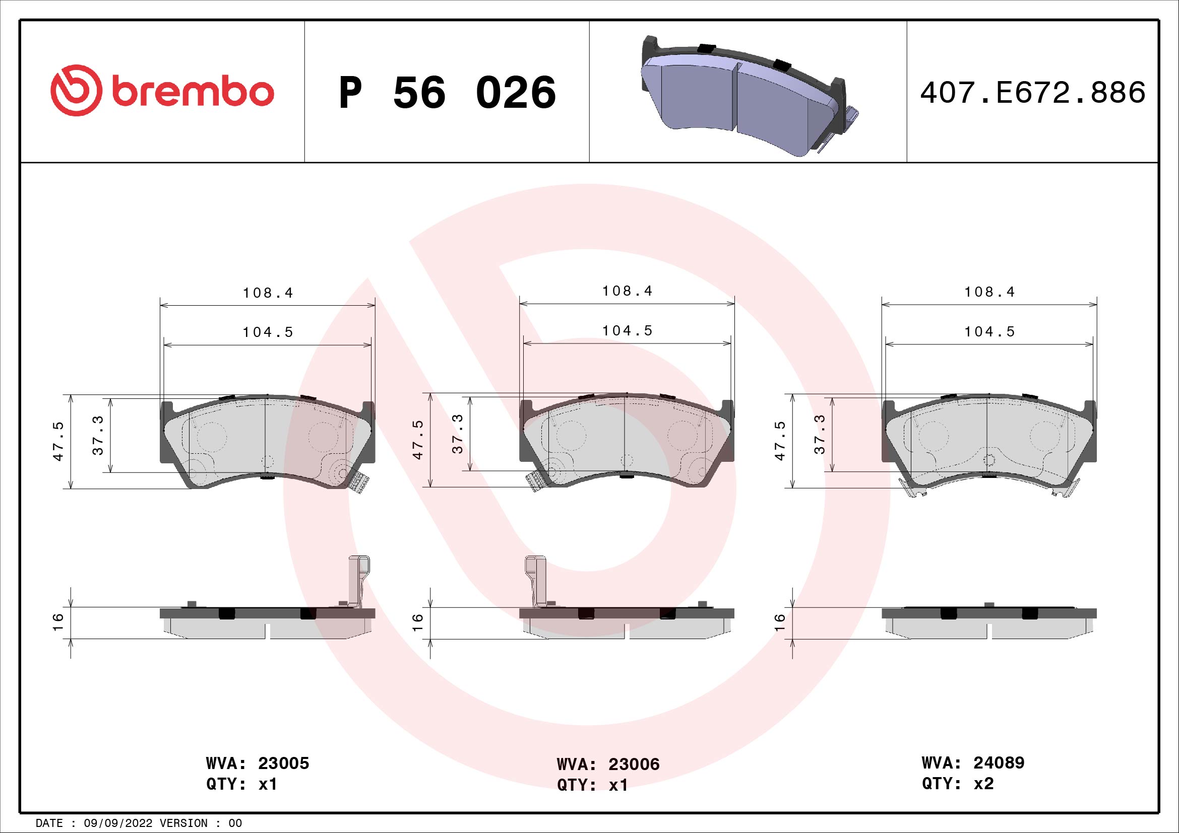 Jeu de 4 plaquettes de frein BREMBO ref. P 56 026