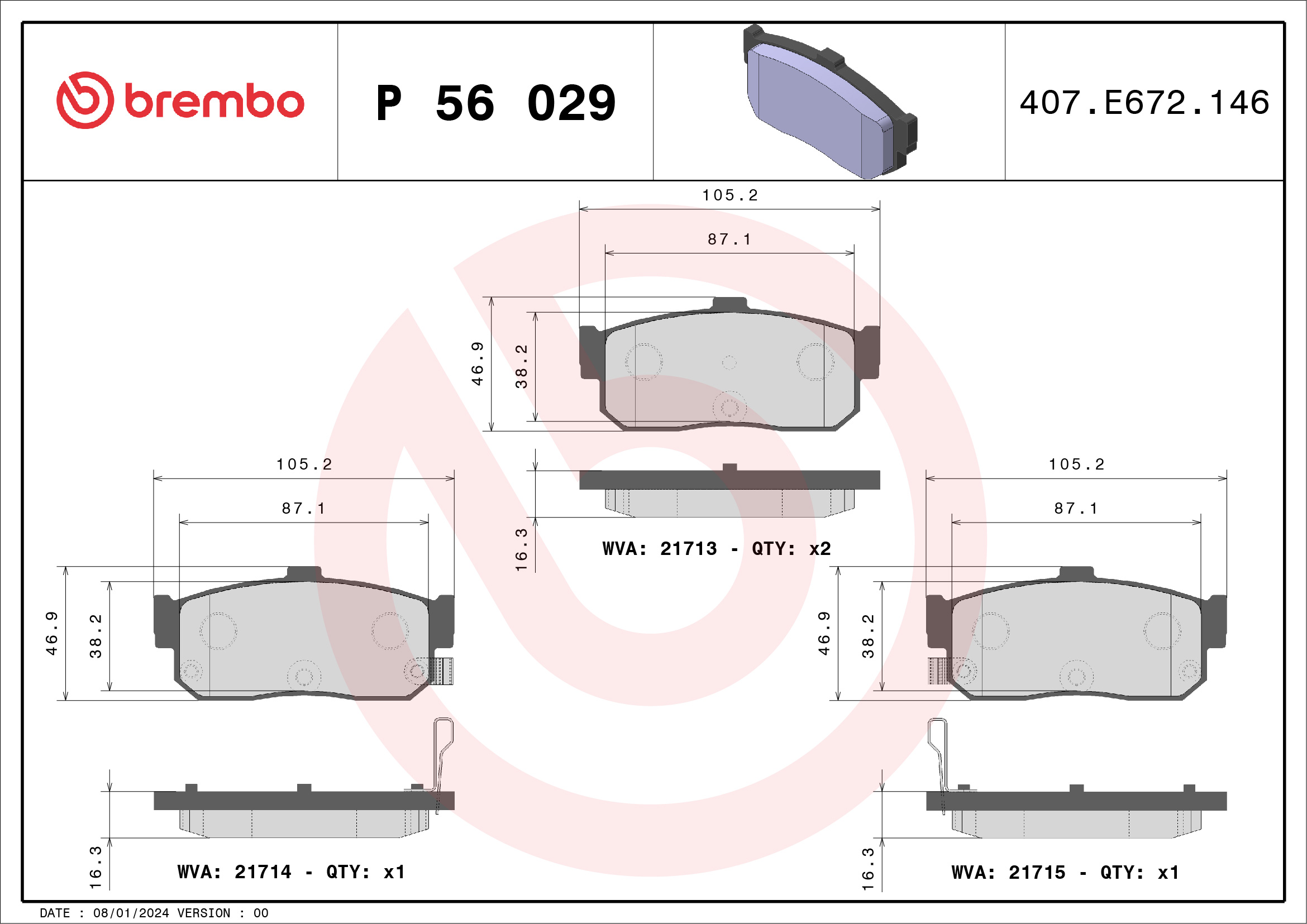 Jeu de 4 plaquettes de frein BREMBO ref. P 56 029