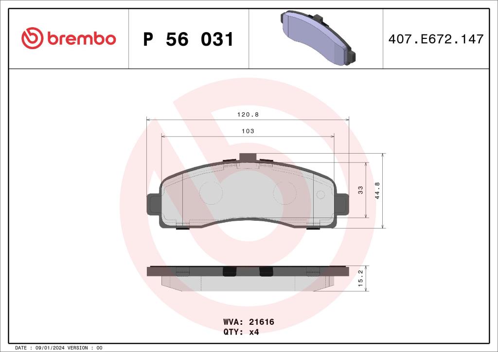 Jogo de 4 pastilhas de travão BREMBO ref. P 56 031