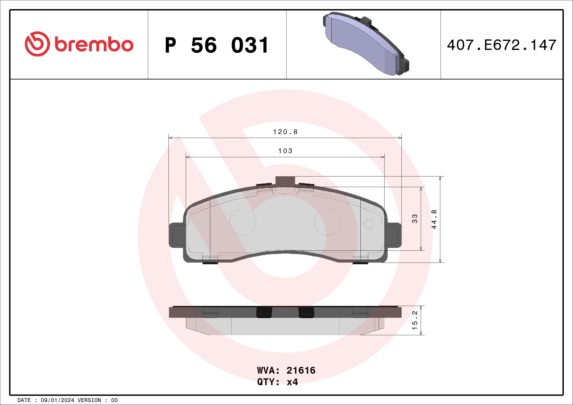 Jogo de 4 pastilhas de travão BREMBO ref. P 56 031