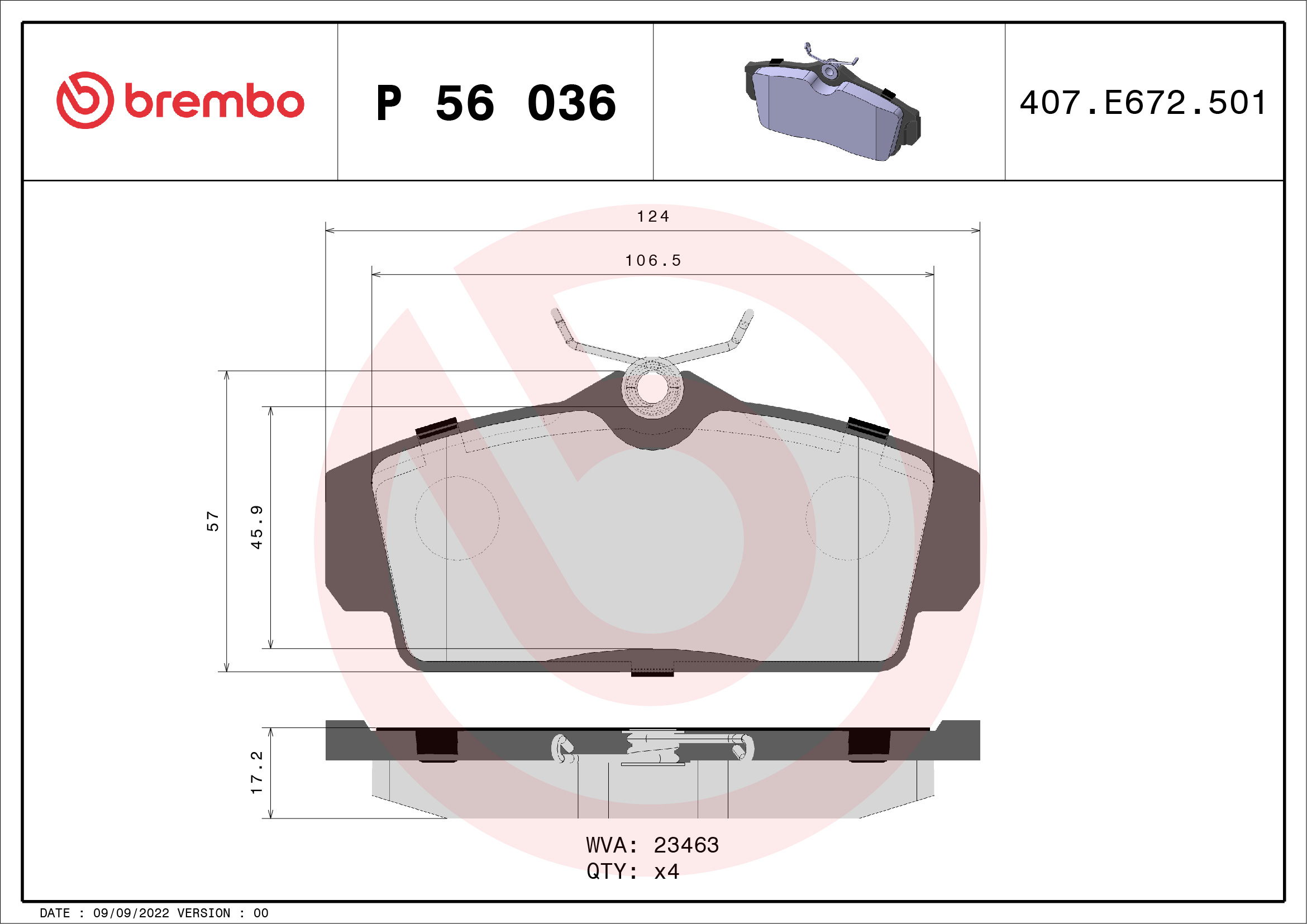 Jeu de 4 plaquettes de frein BREMBO ref. P 56 036