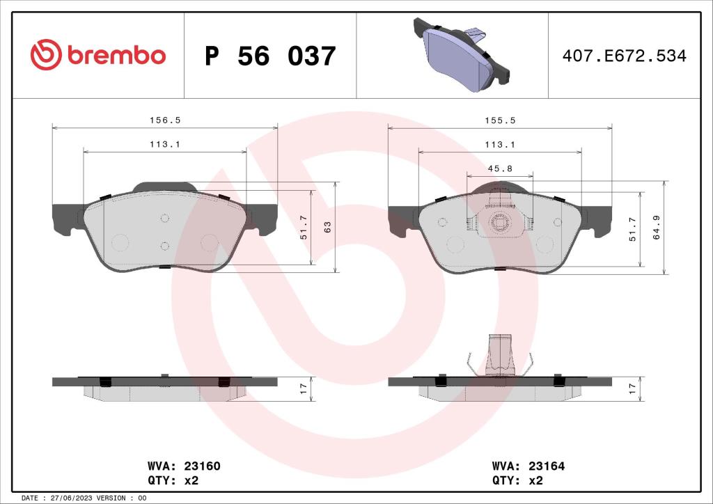 Jogo de 4 pastilhas de travão BREMBO ref. P 56 037