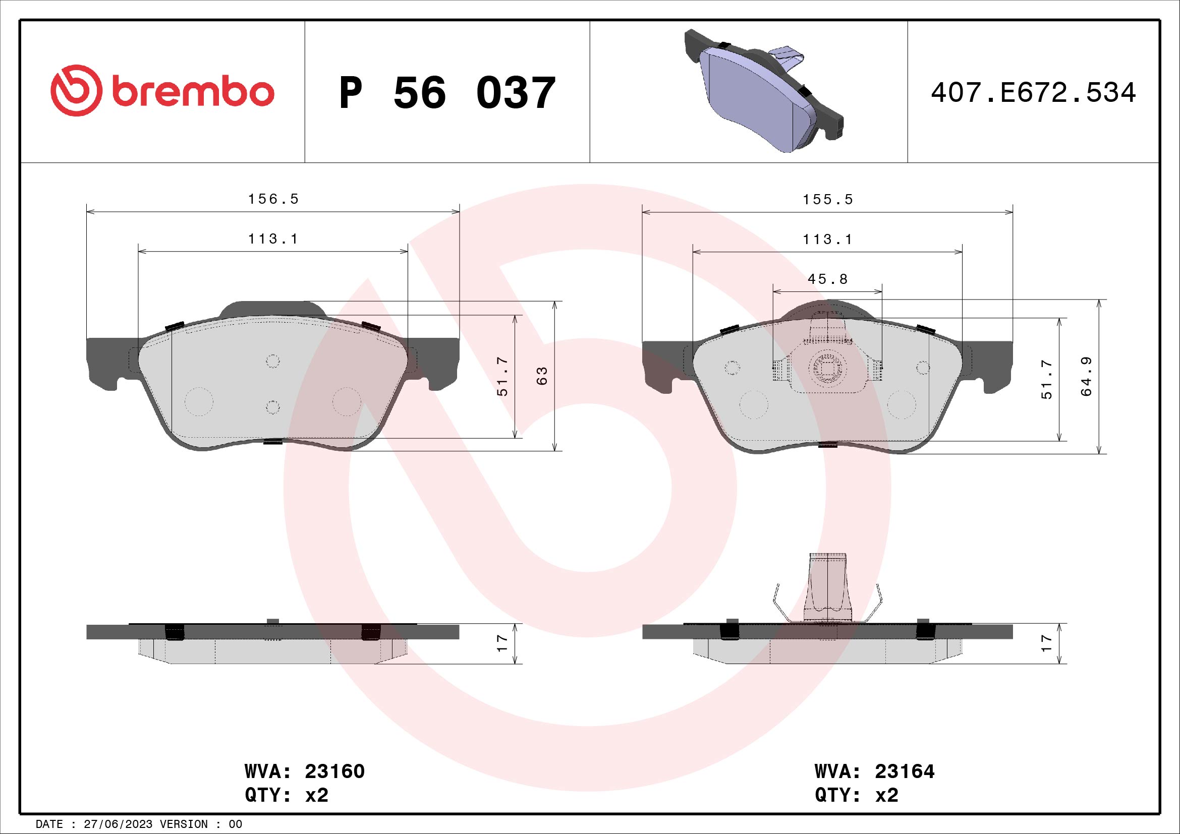 Jogo de 4 pastilhas de travão BREMBO ref. P 56 037