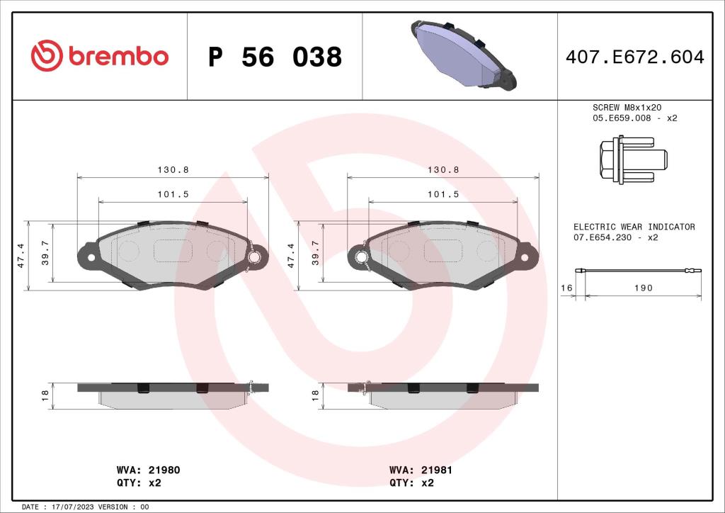Jogo de 4 pastilhas de travão BREMBO ref. P 56 038