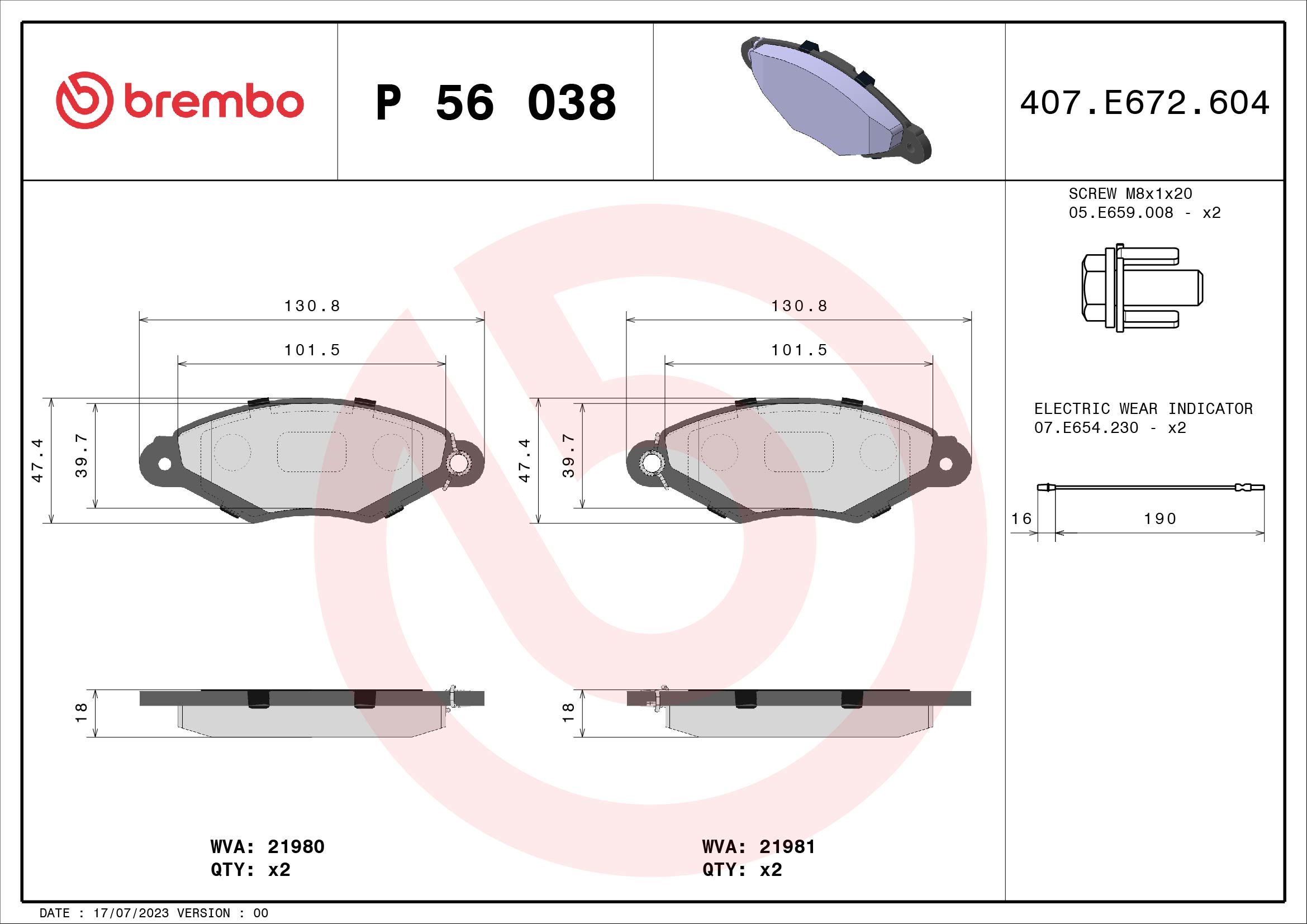 Jogo de 4 pastilhas de travão BREMBO ref. P 56 038