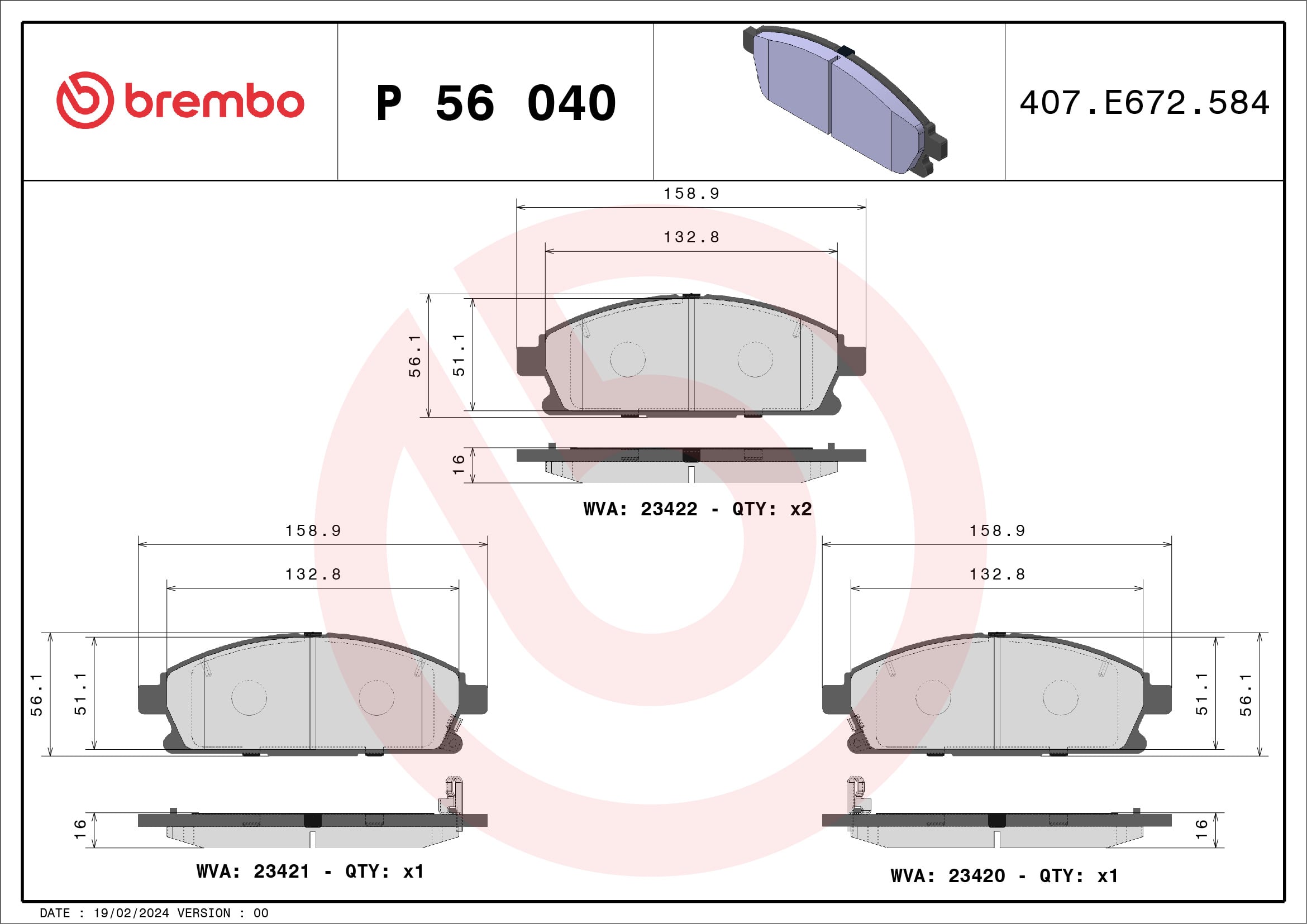 Jogo de 4 pastilhas de travão BREMBO ref. P 56 040
