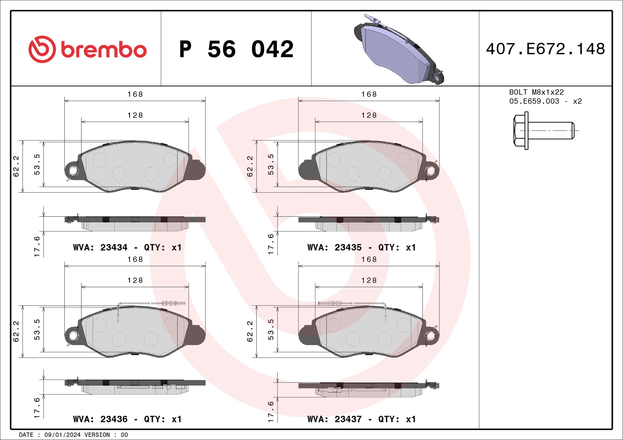 Jeu de 4 plaquettes de frein BREMBO ref. P 56 042