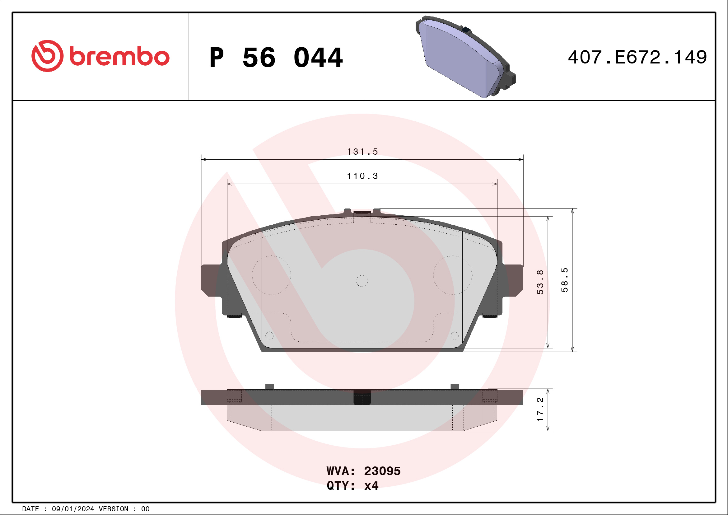 Jeu de 4 plaquettes de frein BREMBO ref. P 56 044