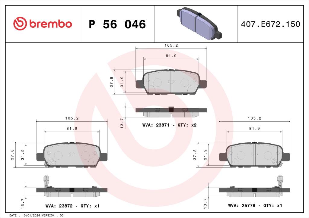 Jogo de 4 pastilhas de travão BREMBO ref. P 56 046
