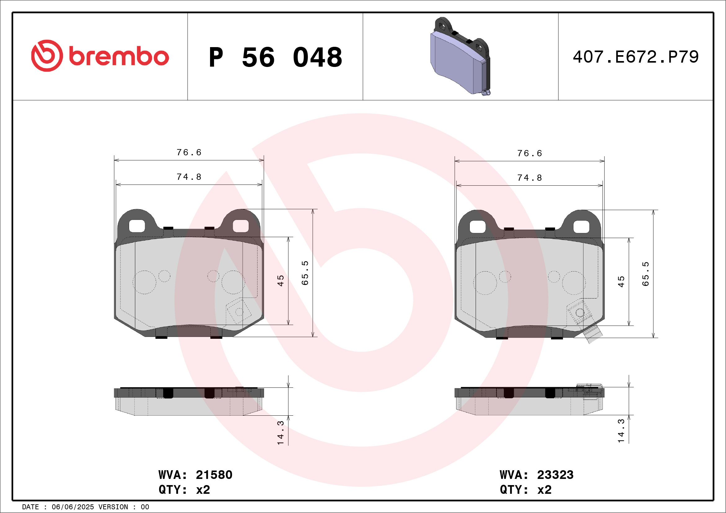 Jeu de 4 plaquettes de frein BREMBO ref. P 56 048