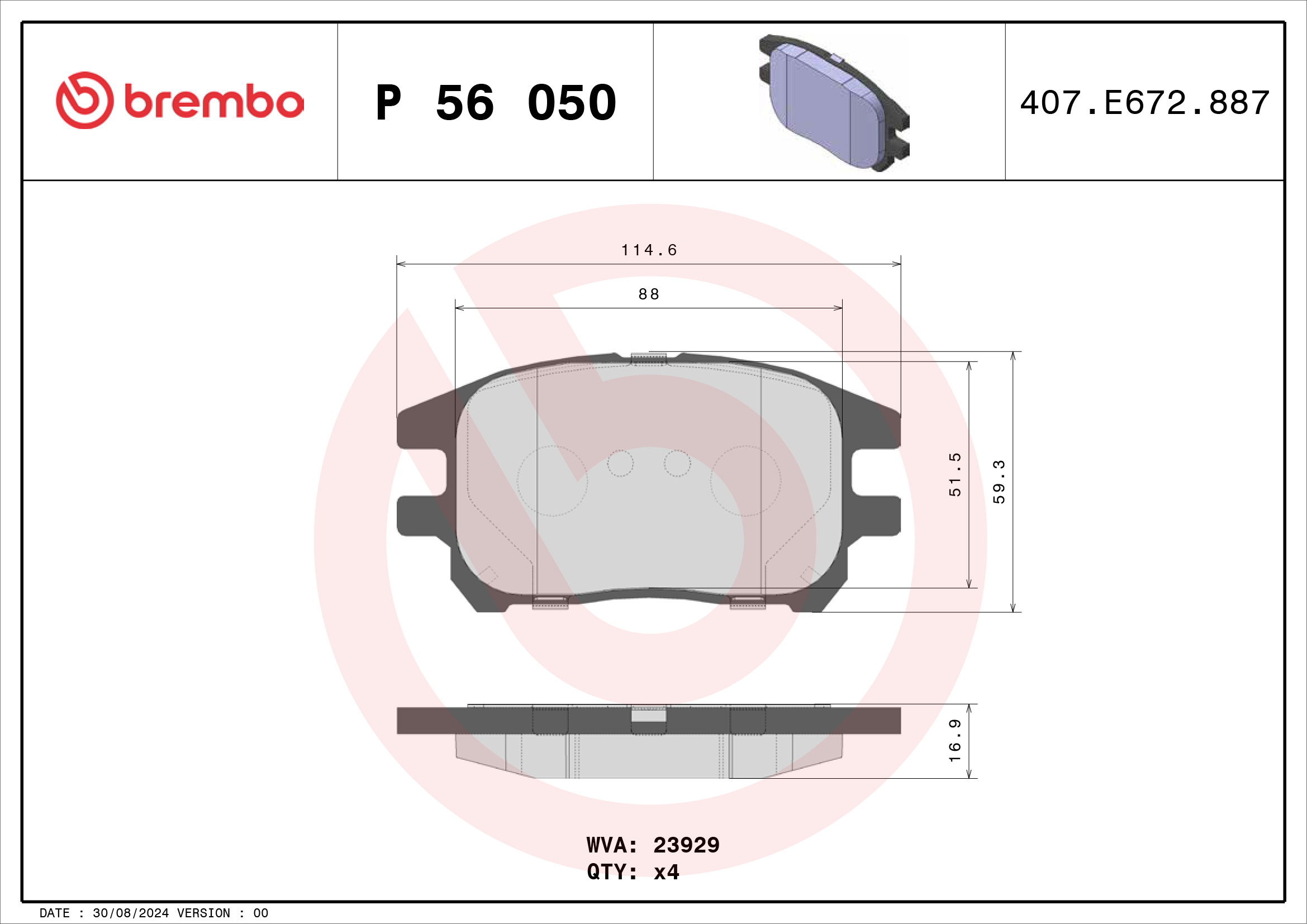Jogo de 4 pastilhas de travão BREMBO ref. P 56 050