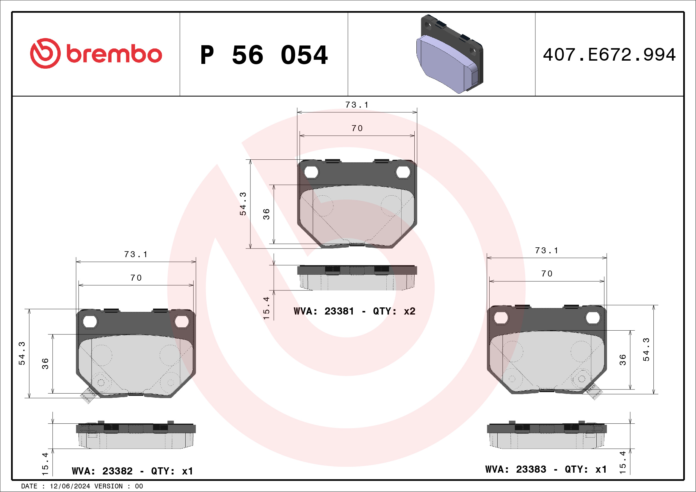 Jogo de 4 pastilhas de travão BREMBO ref. P 56 054