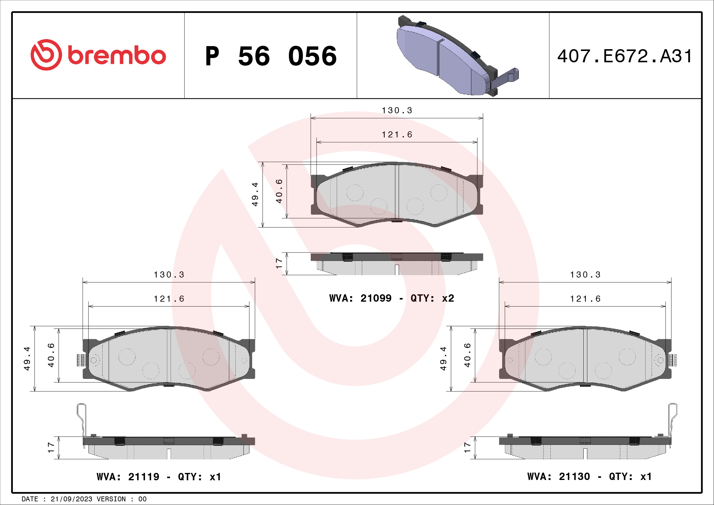 Jogo de 4 pastilhas de travão BREMBO ref. P 56 056
