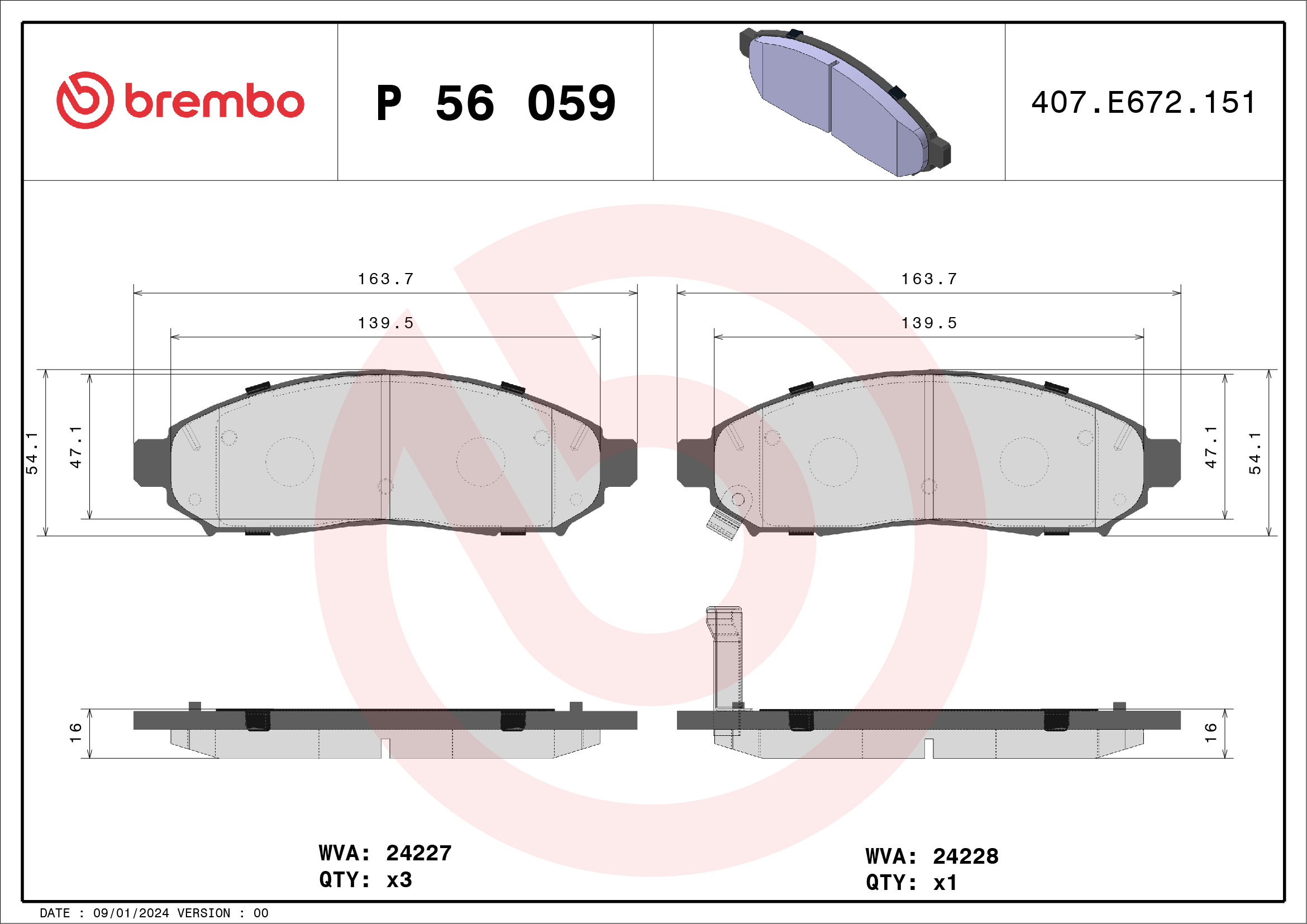 Jogo de 4 pastilhas de travão BREMBO P 56 059