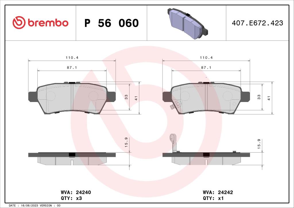 Jogo de 4 pastilhas de travão BREMBO ref. P 56 060