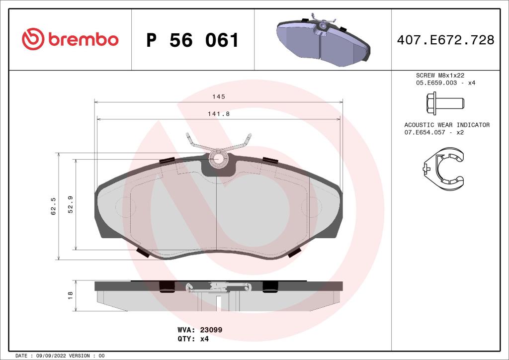 Jogo de 4 pastilhas de travão BREMBO ref. P 56 061