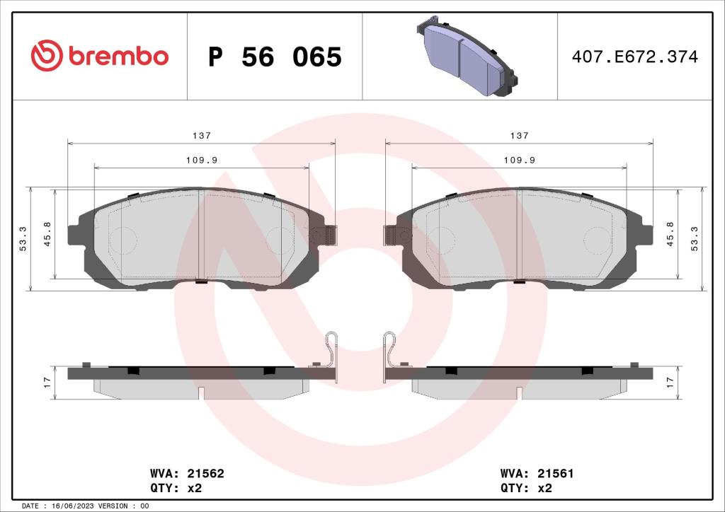 Jogo de 4 pastilhas de travão BREMBO ref. P 56 065