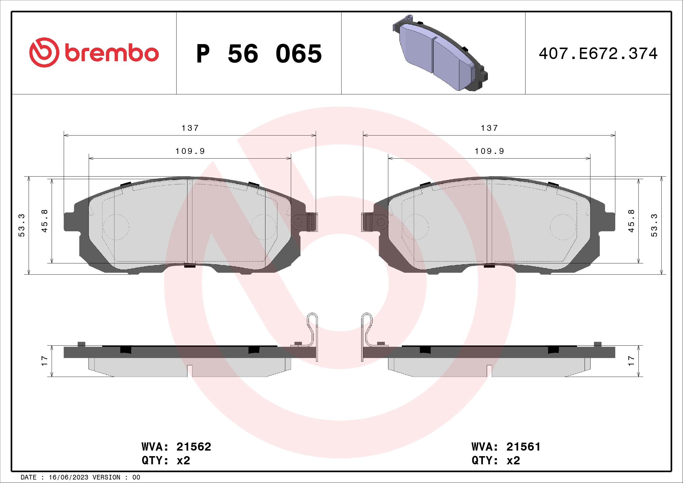 Jogo de 4 pastilhas de travão BREMBO ref. P 56 065
