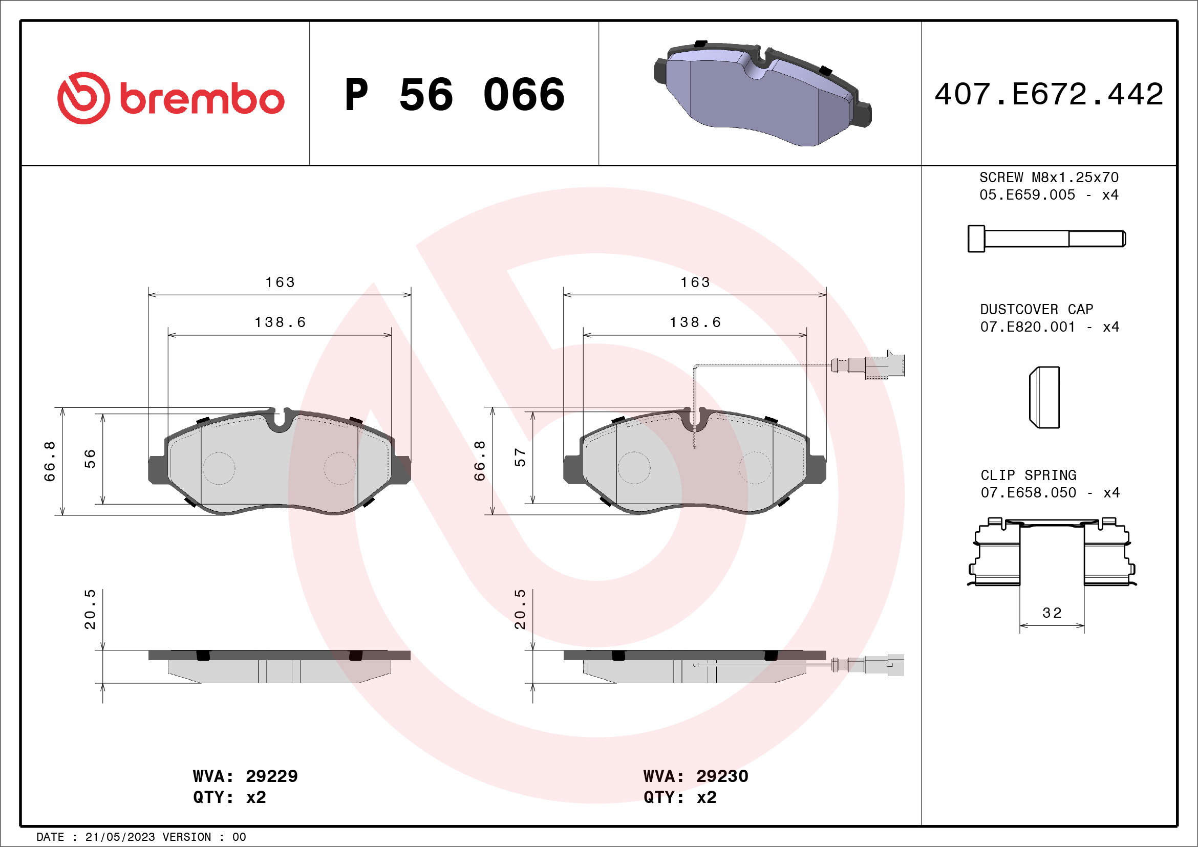 Jogo de 4 pastilhas de travão BREMBO ref. P 56 066