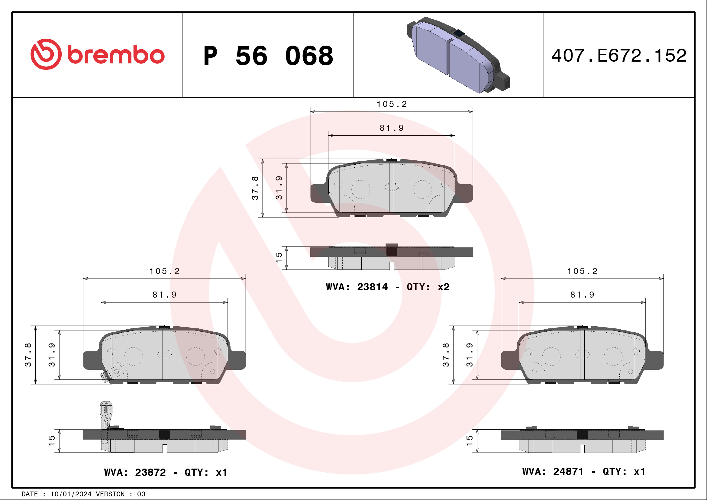 Jogo de 4 pastilhas de travão BREMBO ref. P 56 068