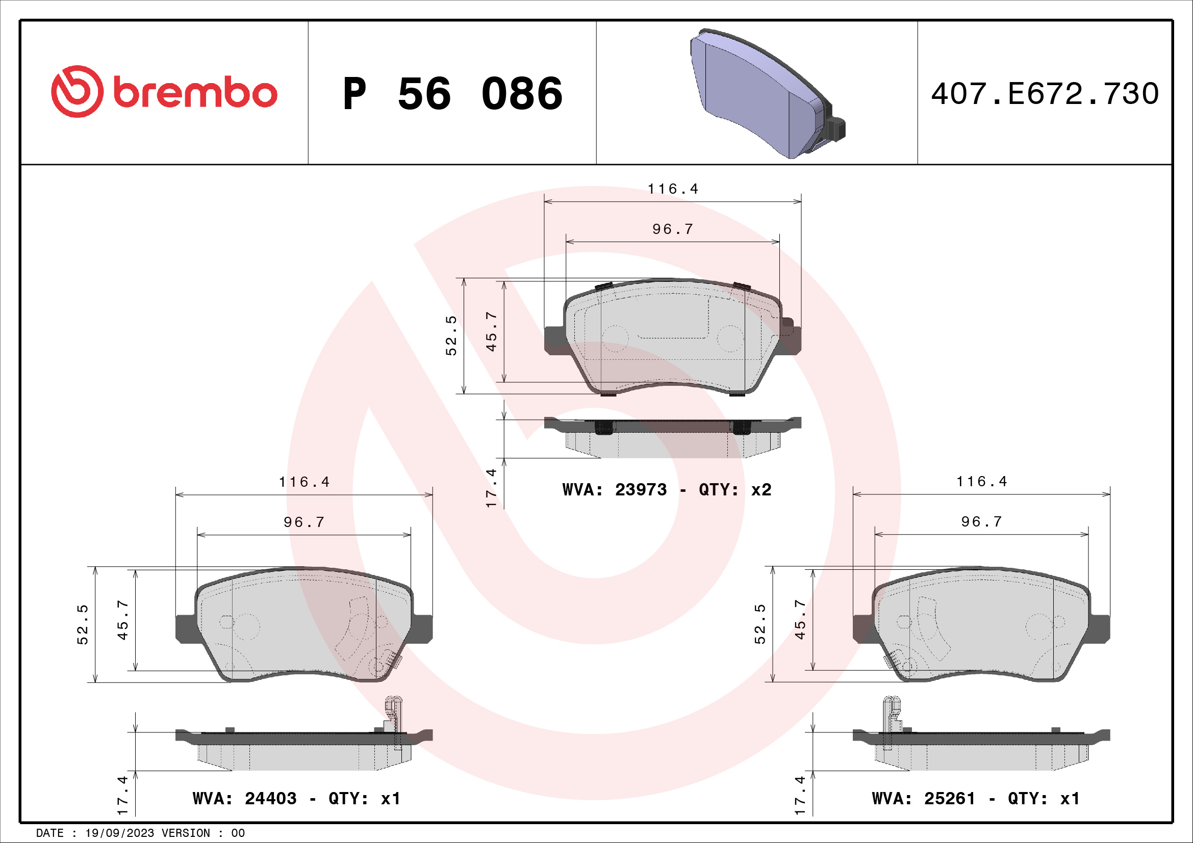 Jogo de 4 pastilhas de travão BREMBO ref. P 56 086