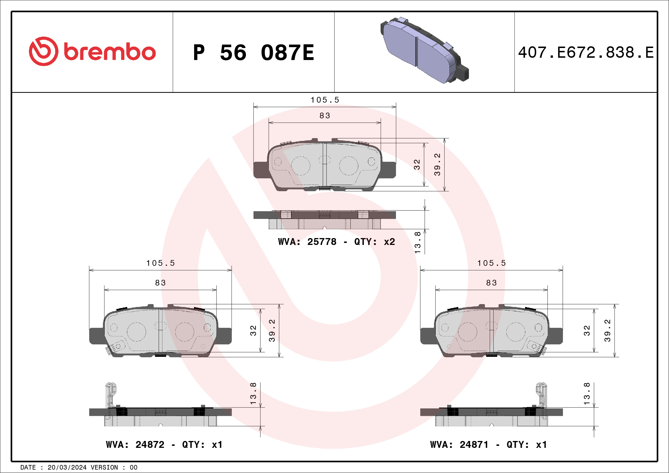 Jogo de 4 pastilhas de travão BREMBO ref. P 56 087E