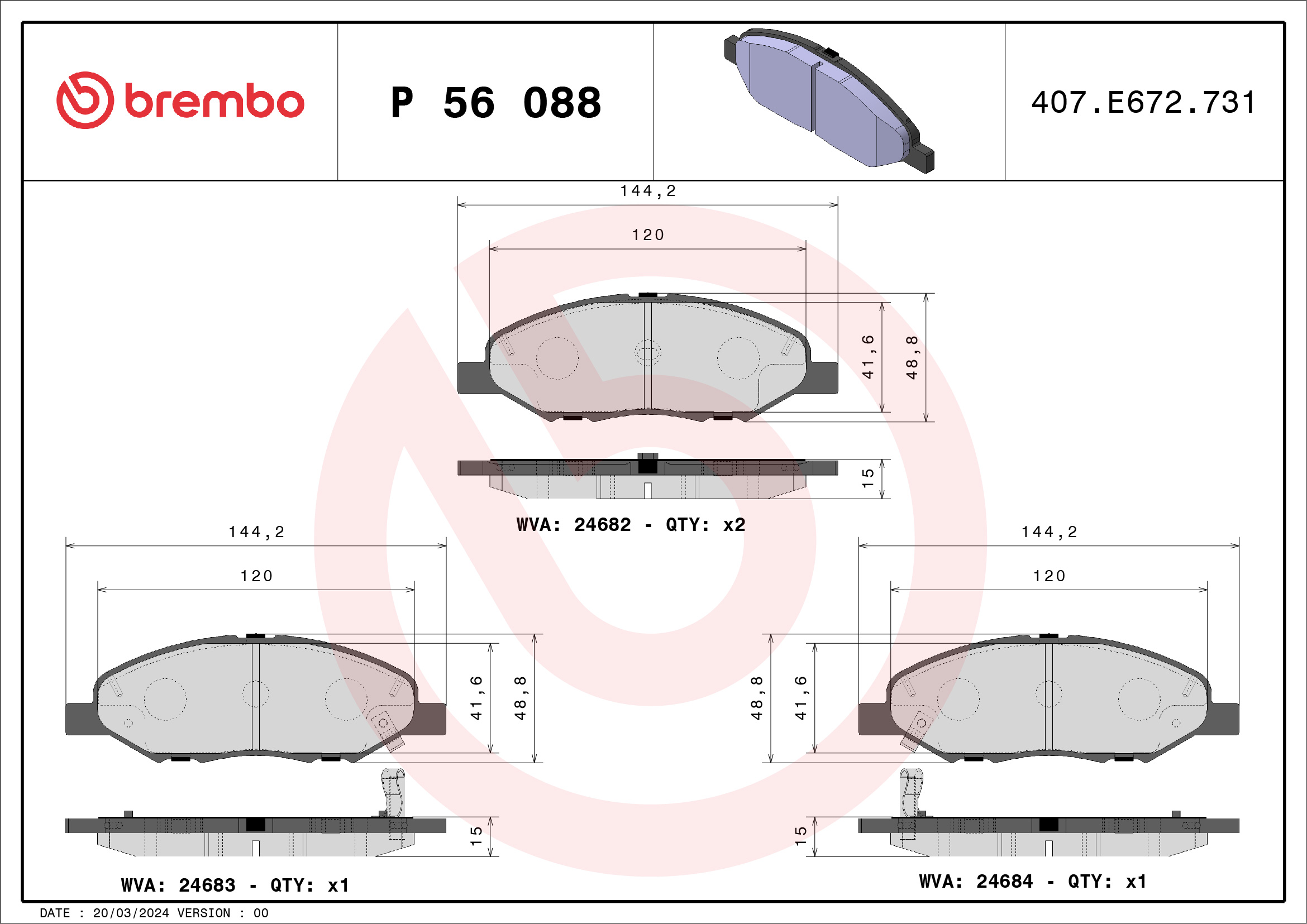 Jogo de 4 pastilhas de travão BREMBO ref. P 56 088