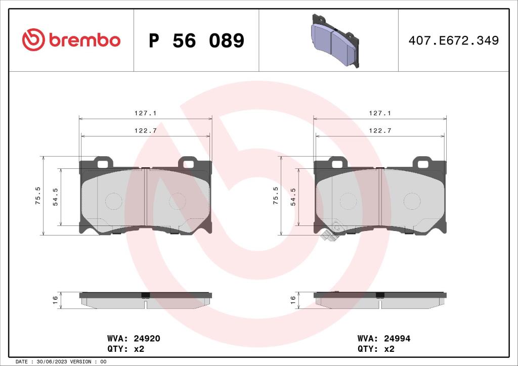 Jeu de 4 plaquettes de frein BREMBO ref. P 56 089