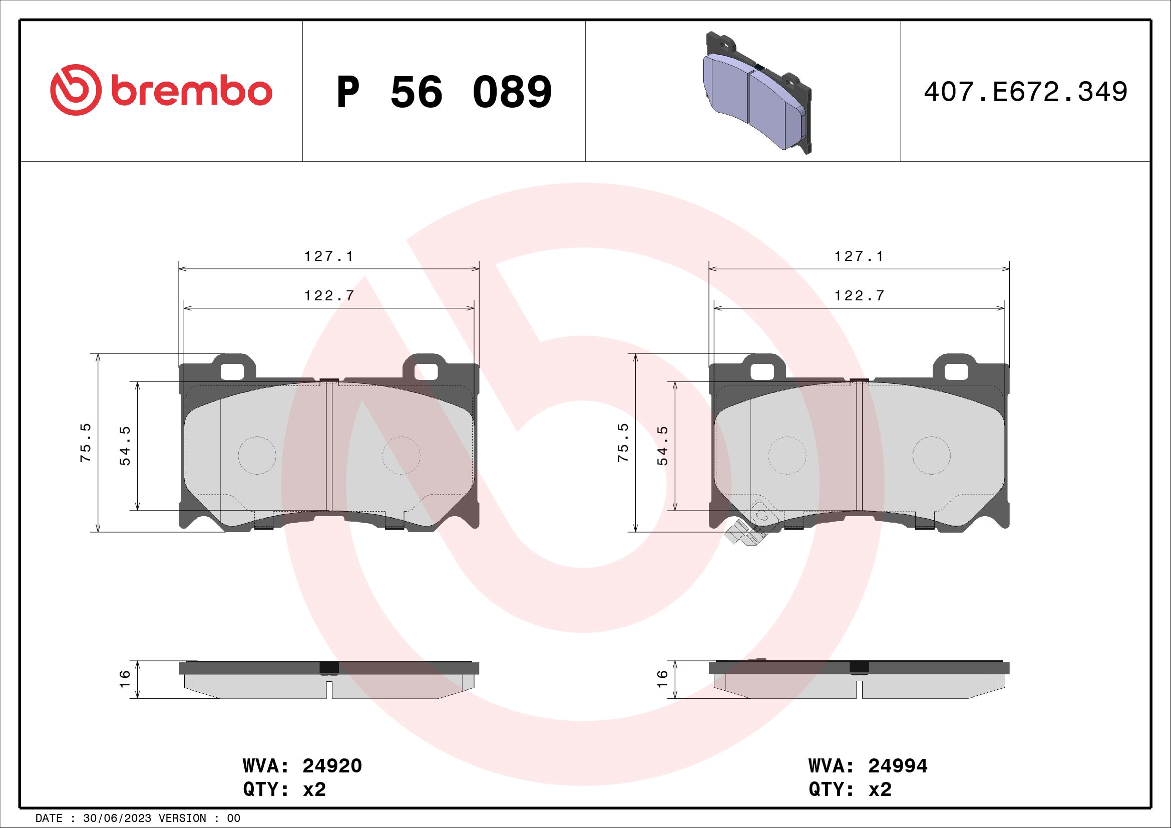Jeu de 4 plaquettes de frein BREMBO ref. P 56 089