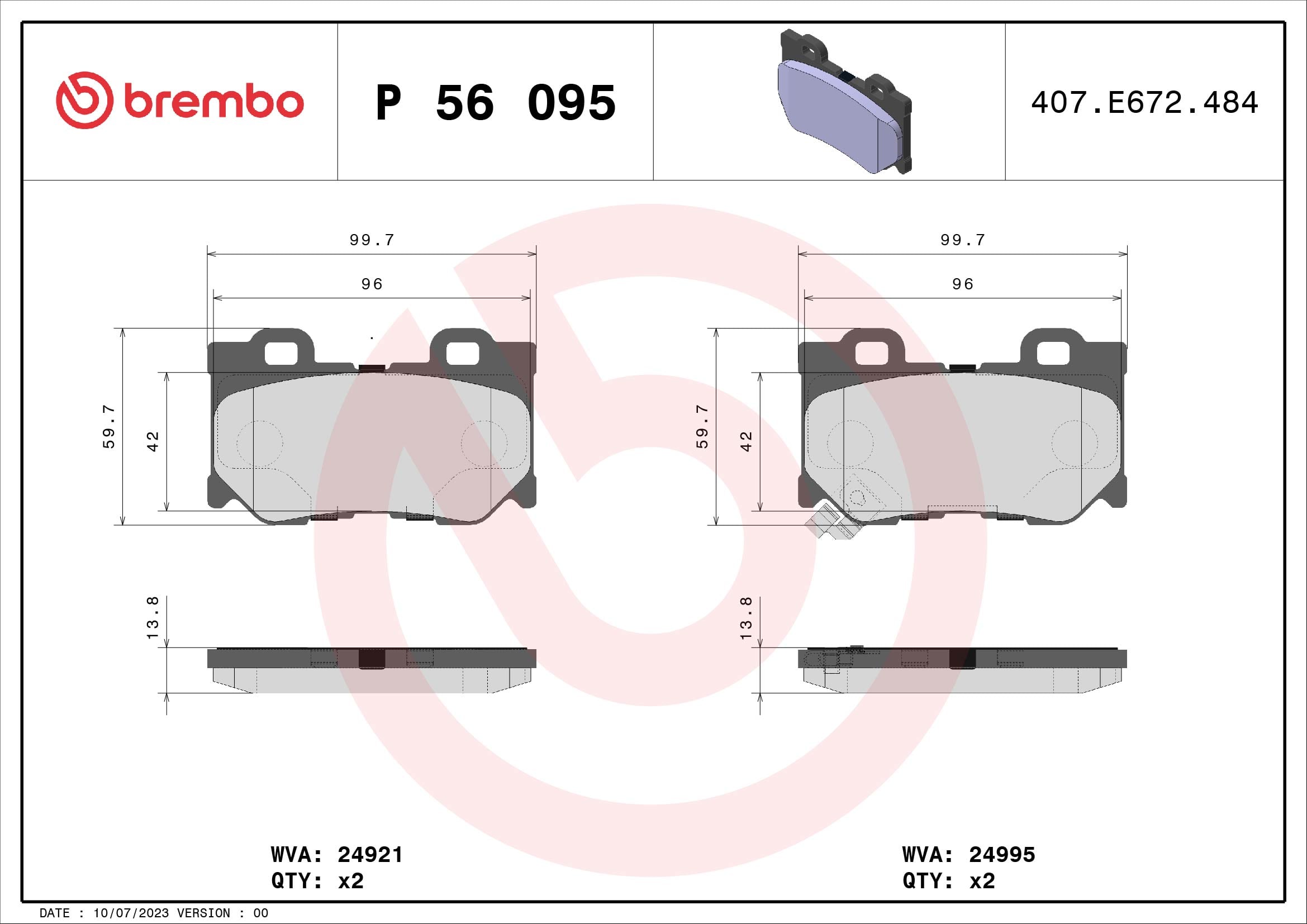 Jeu de 4 plaquettes de frein BREMBO ref. P 56 095